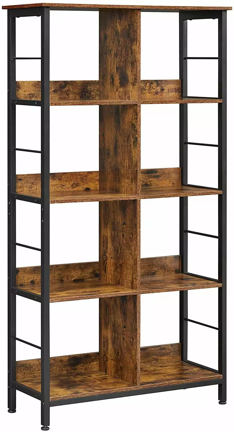 VASAGLE Industrial 4-Tier Bookshelf - 8-Compartment Open Storage Rack - Rustic Brown and Black - Office or Living Room