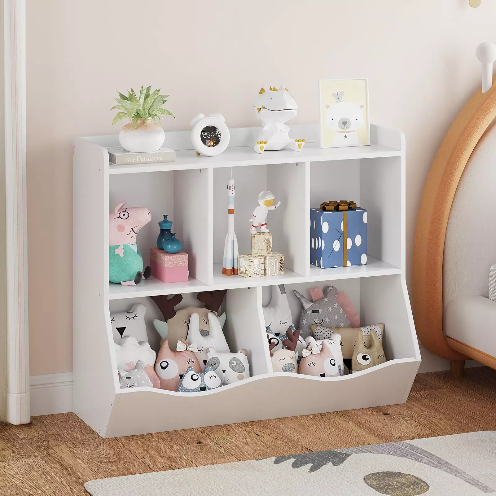 Yartaka 2-Tier 5 Bins Children's Multi-Practical Bookcase Toy Storage Bin Floor Cabinet - White