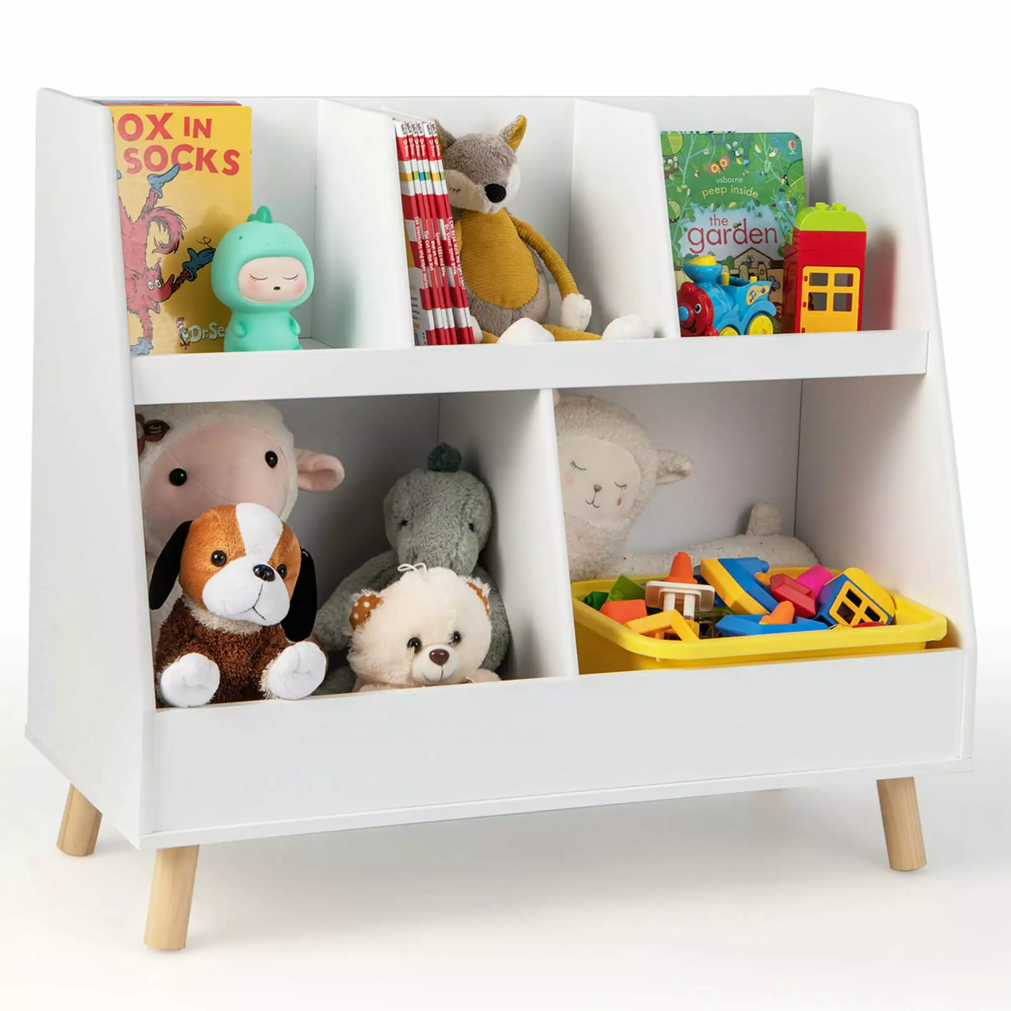 Costway 5-Cube Kids Bookshelf and Toy Arranger Wooden Storage Bookcase Wood Legs