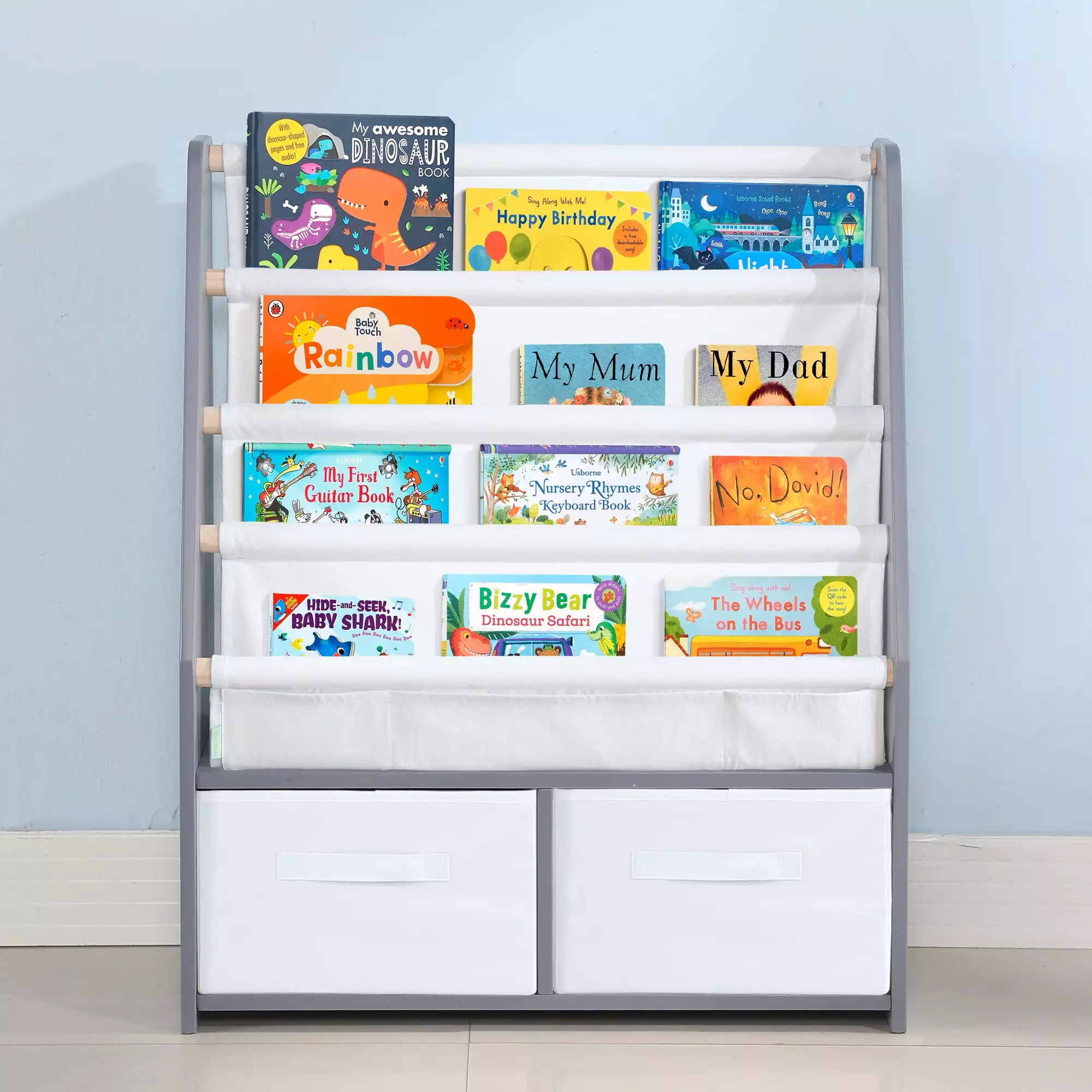 Childrens Bookshelf Kids Sling Book Rack Two Storage Boxes and Toys Arranger Shelves Natural Solid Wood Baby Bookcase Grey...