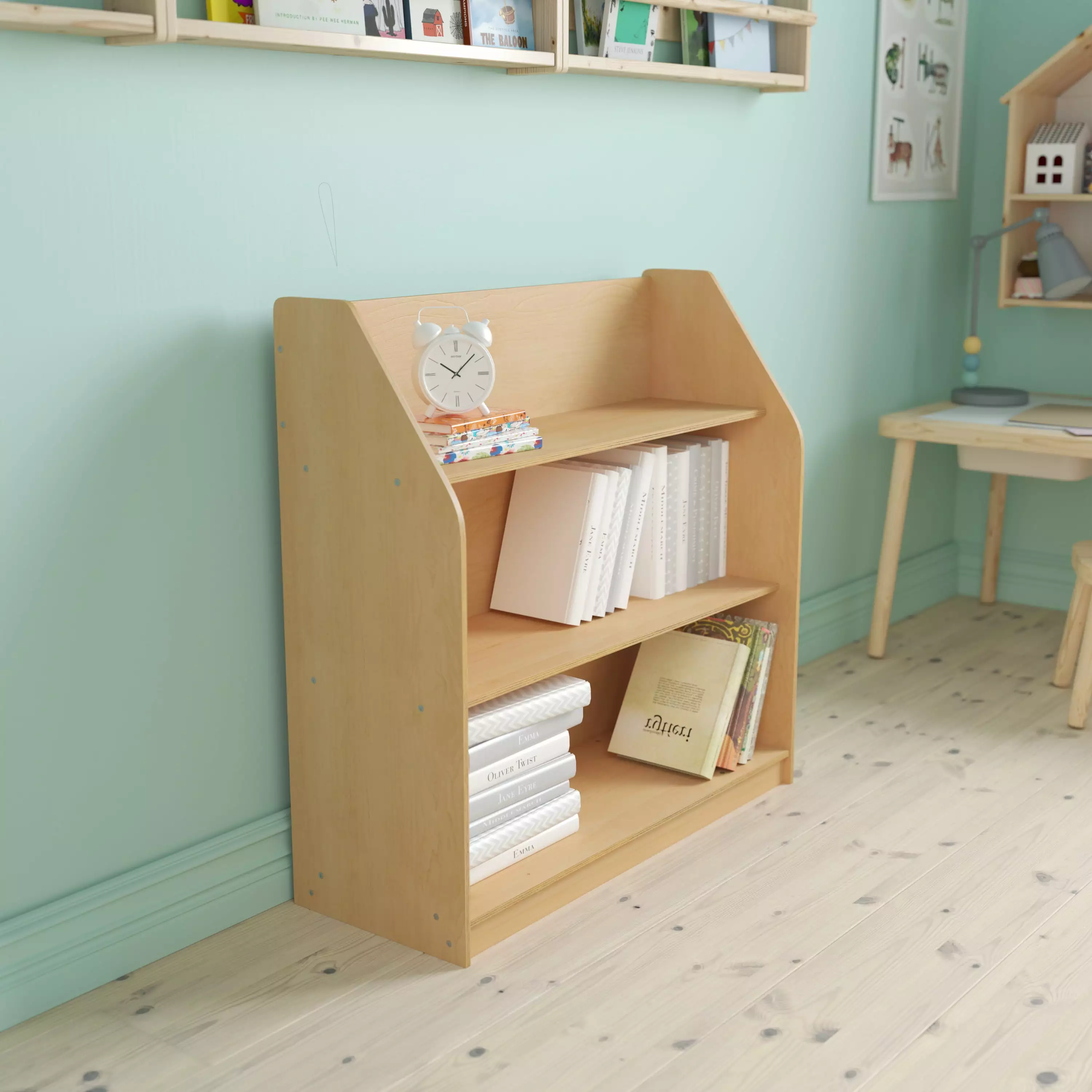 BizChair Natural Wooden 3 Shelf Book Display - Kid Friendly Curved Edges - Commercial Grade Daycare Classroom Playroom Sto...
