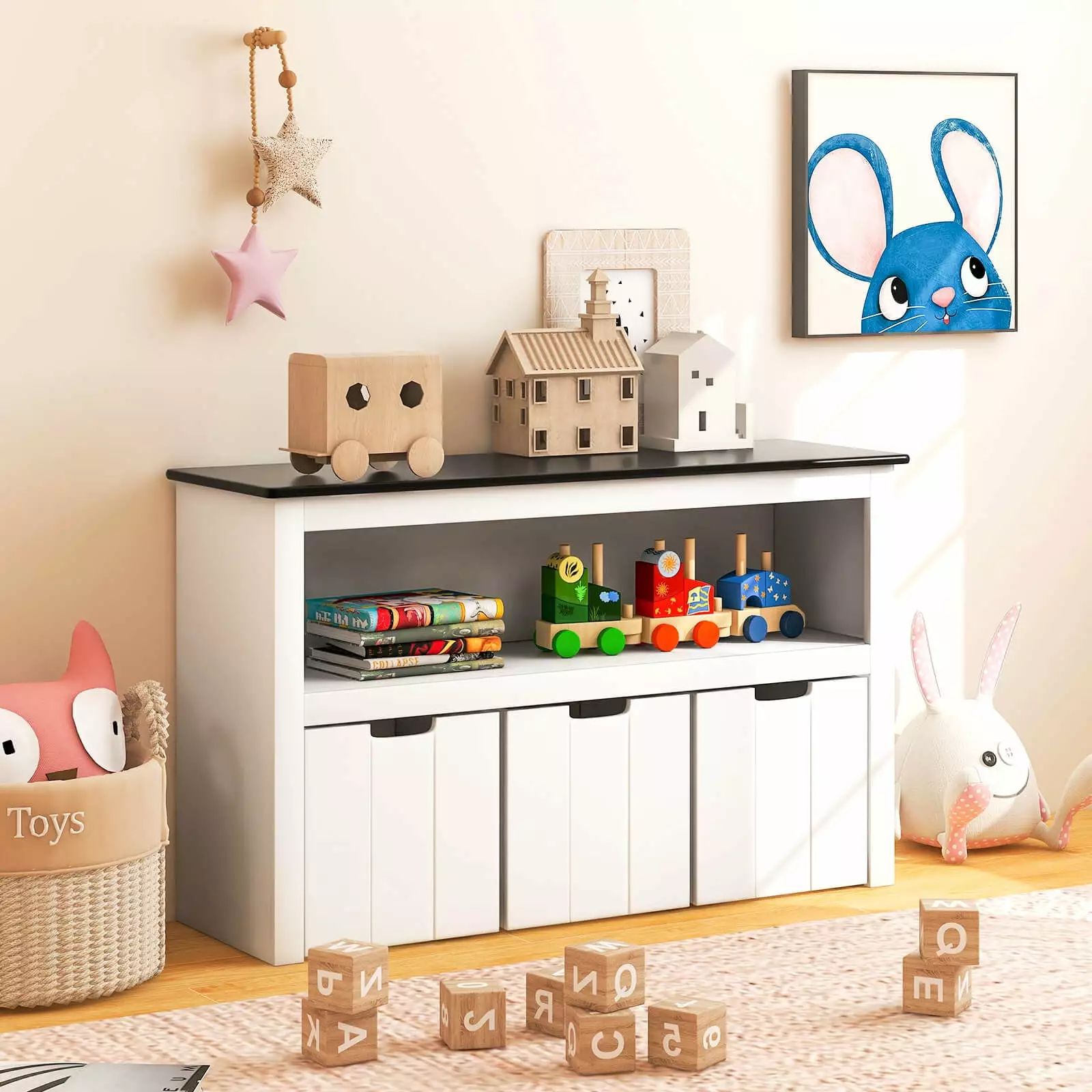 Coelon Kids Toy Storage Arranger Wooden Children Bookshelf Blackboard Top White