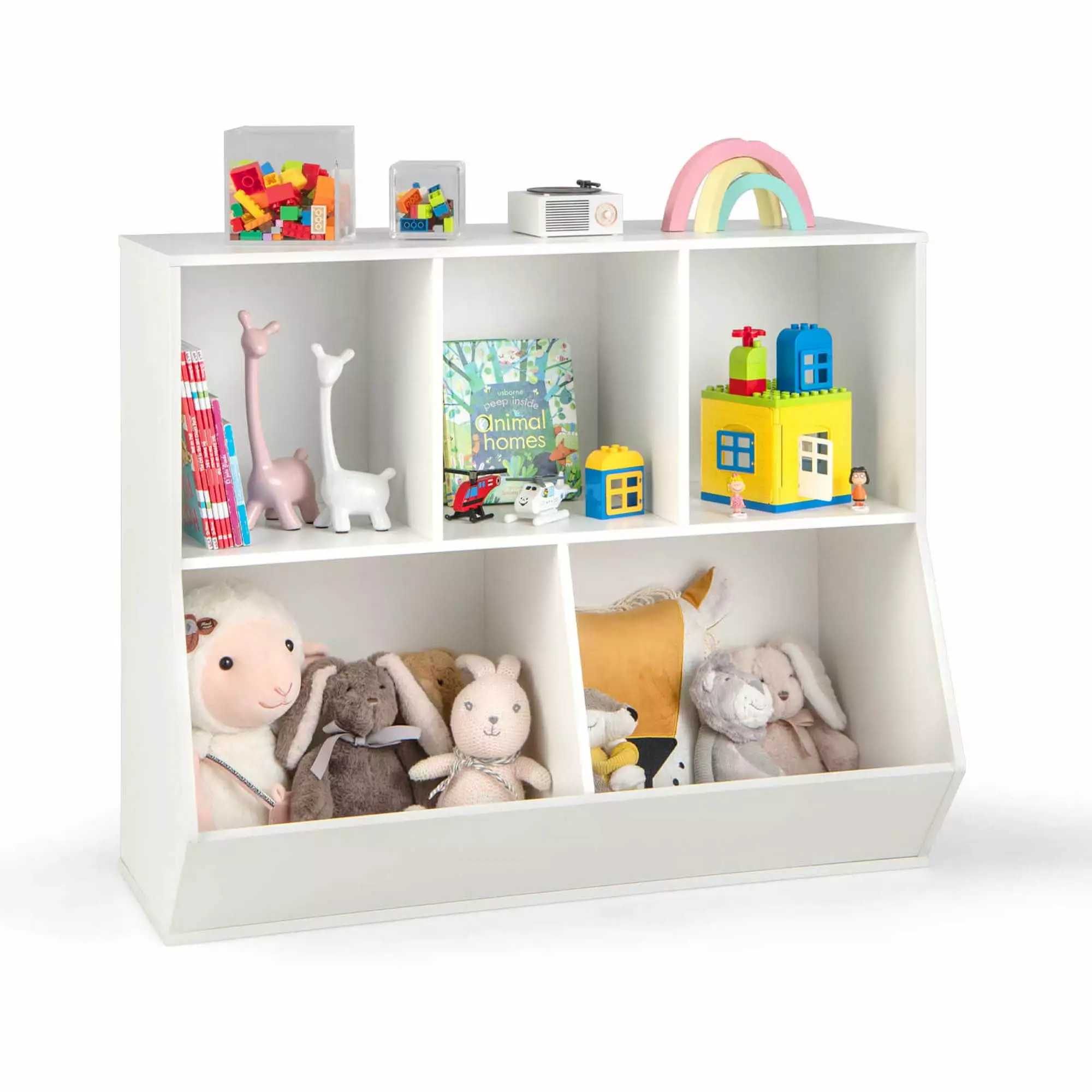 Costway 5-Cubby Kids Toy Storage Arranger Wooden Bookshelf Display Cabinet White
