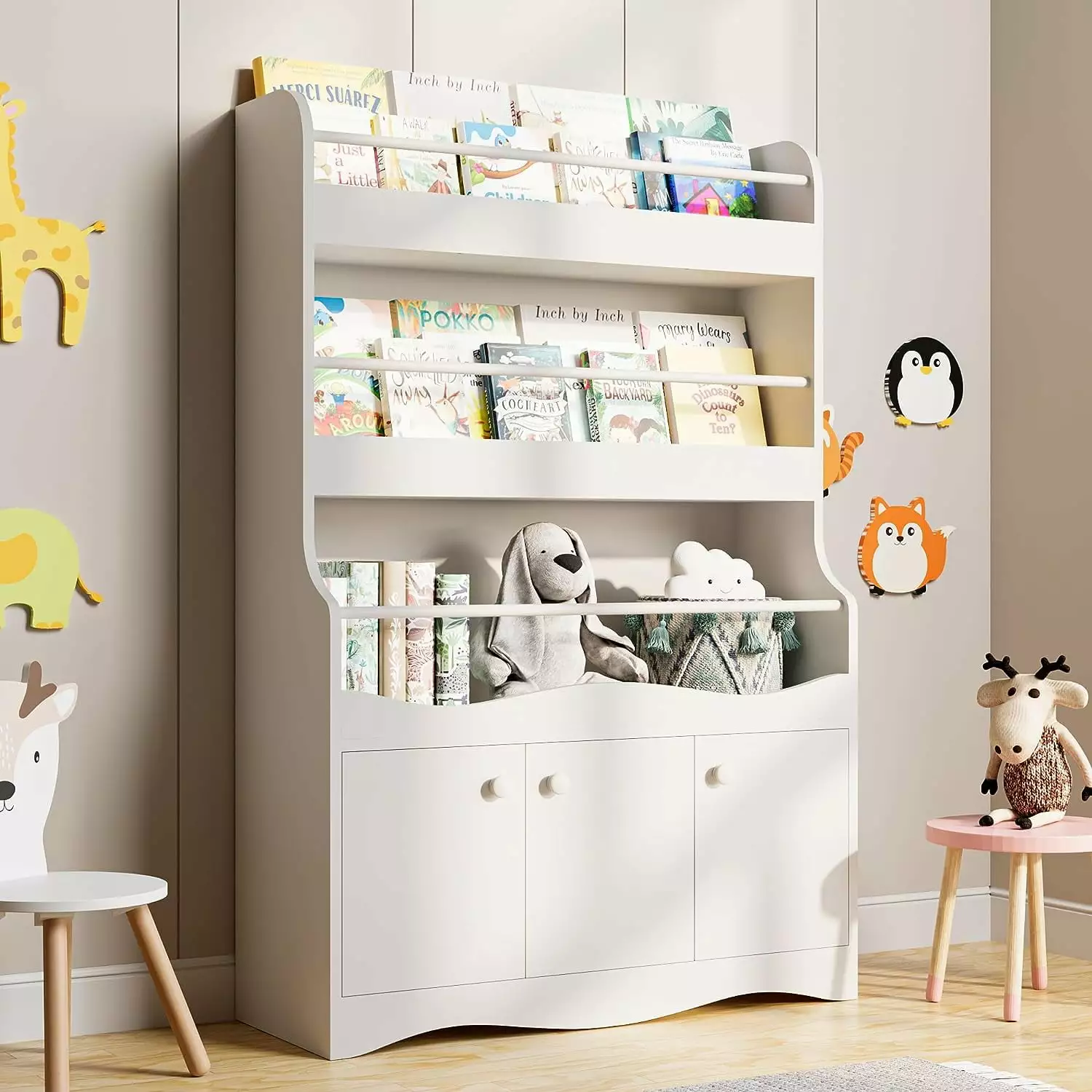 Cozy Castle 3 Tiers Kids Bookshelf Multifunctional Book and Toy Storage Arranger Wooden Bookcase White