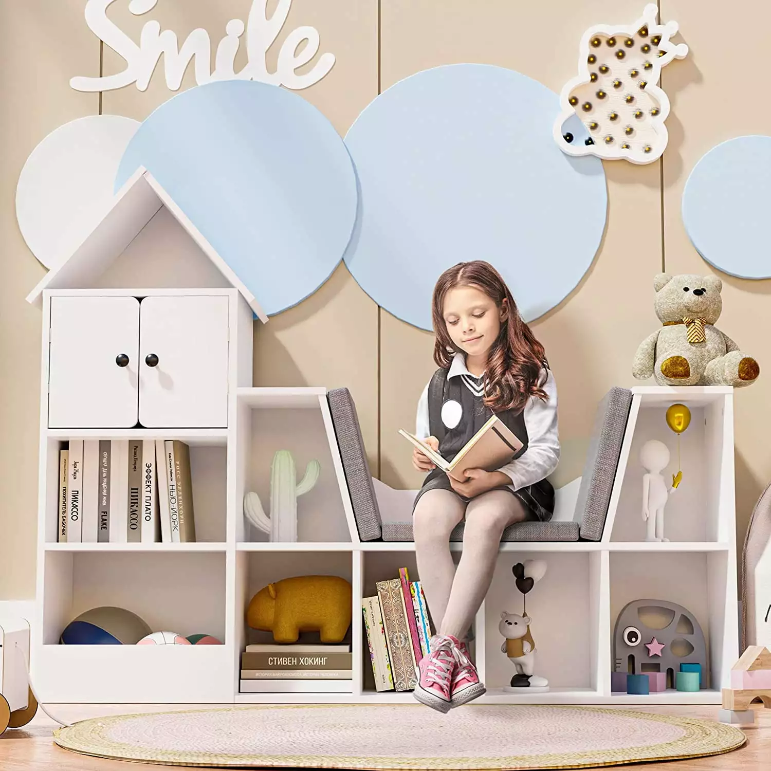 Cozy Castle Wooden Kids Bookshelf Reading Nook Book Shelf Storage Arranger Detachable Cushions White