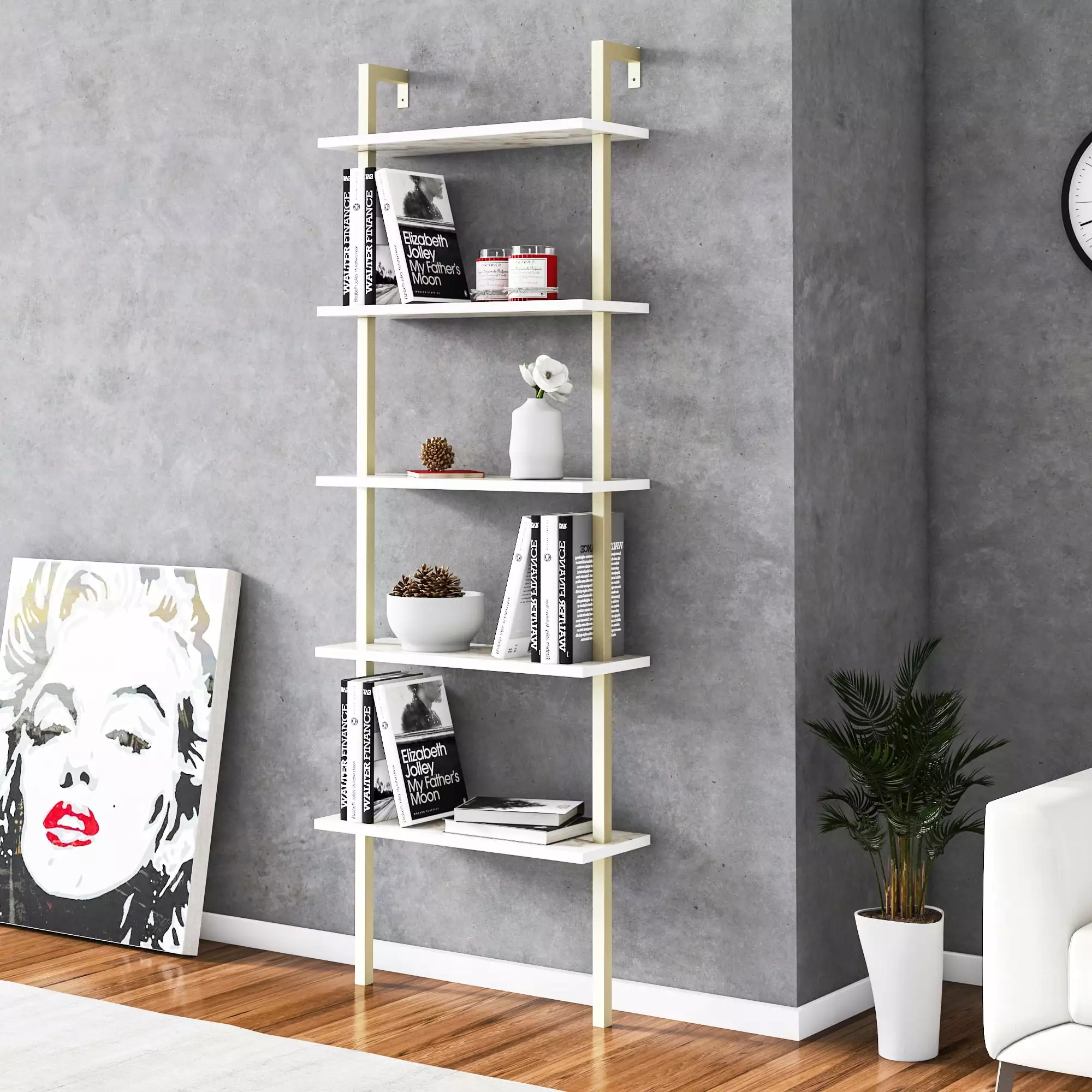 Piante 5-tier Melamine Gold Bookcase Modern Home Office Storage Shelf Decorotika