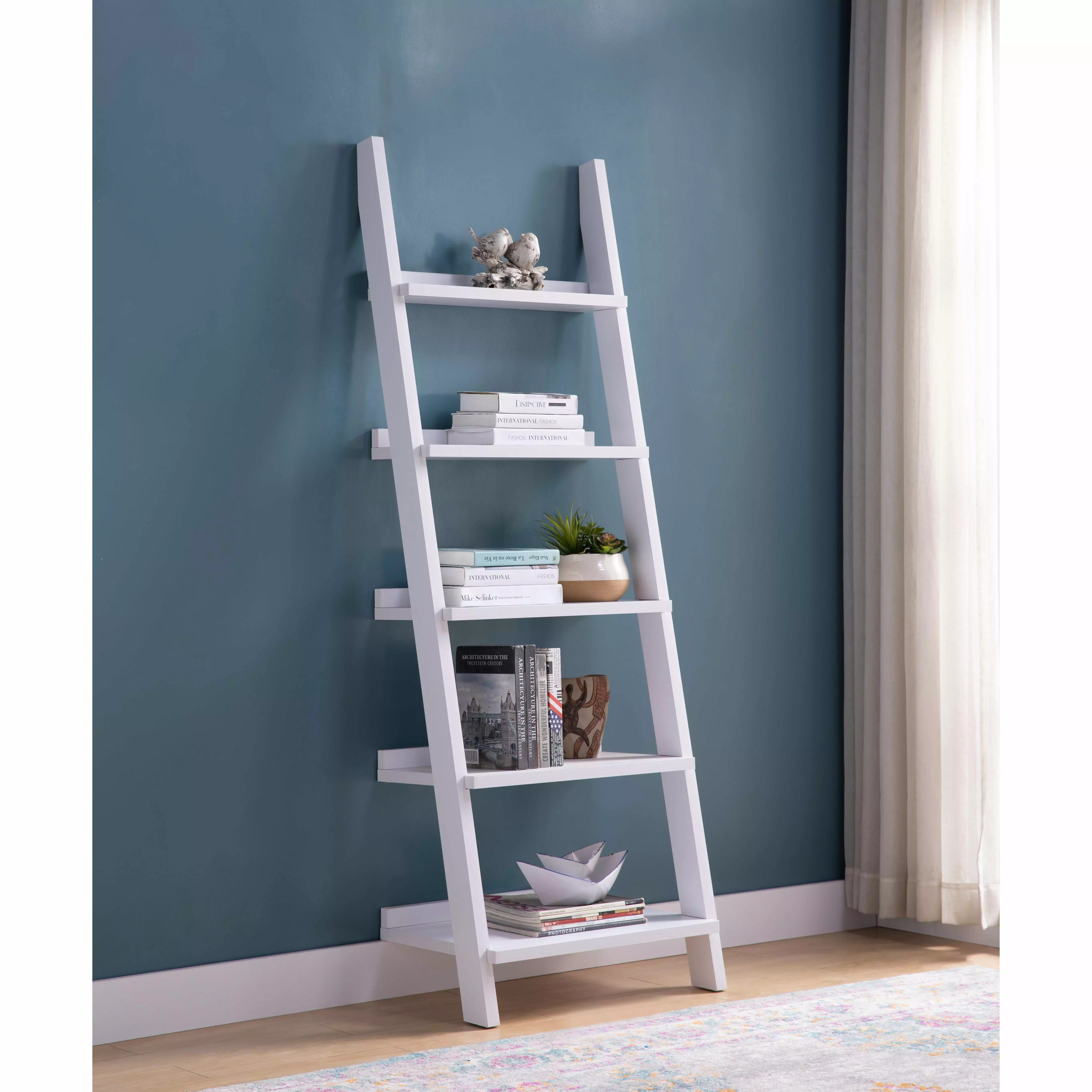 White Finish 5 Tier Wooden Ladder Bookshelf Leaning Open Shelves Bookcase DJ Corp Design