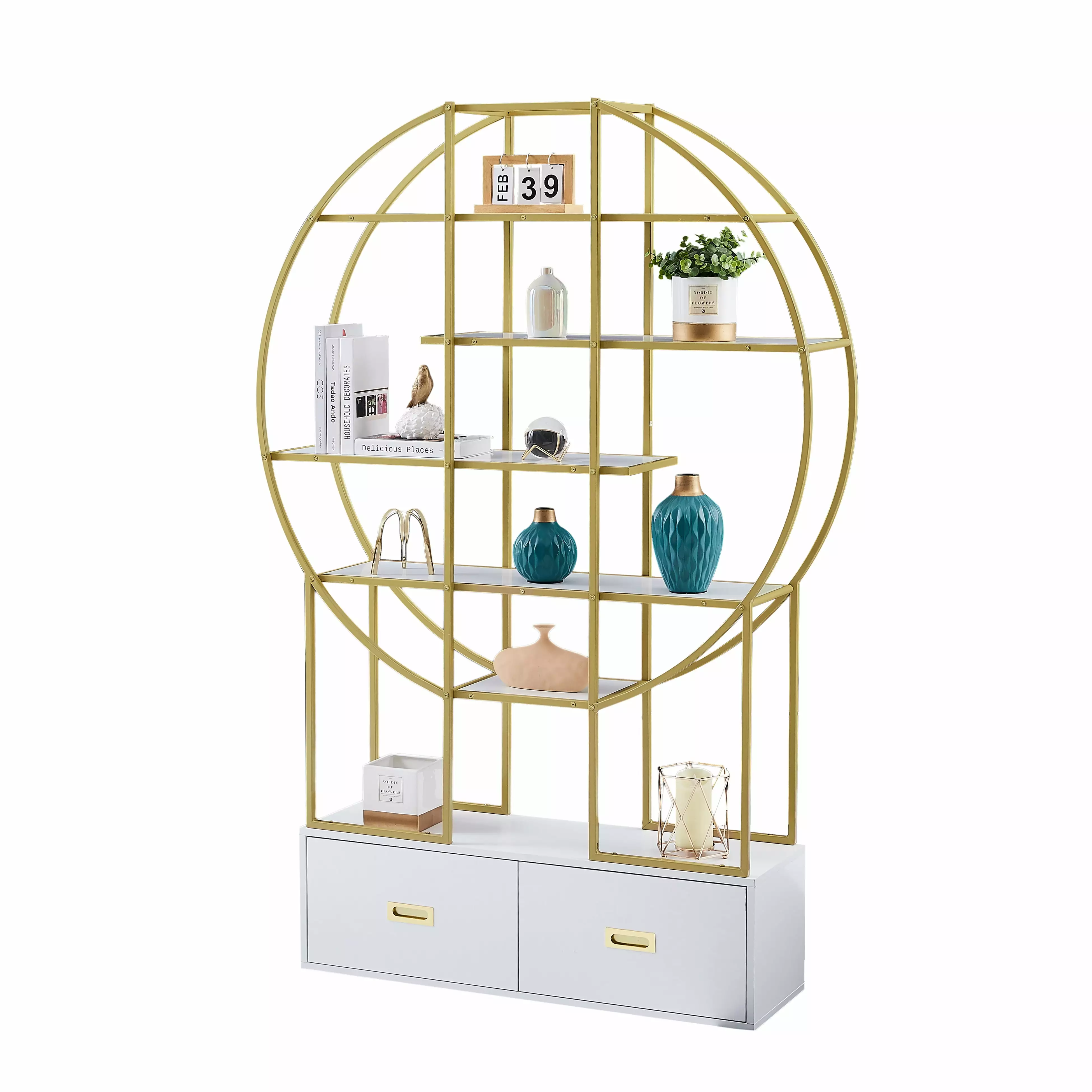 Euroco Round Bookshelf Two Drawers and Gold Frame 70 Inch Display Shelf