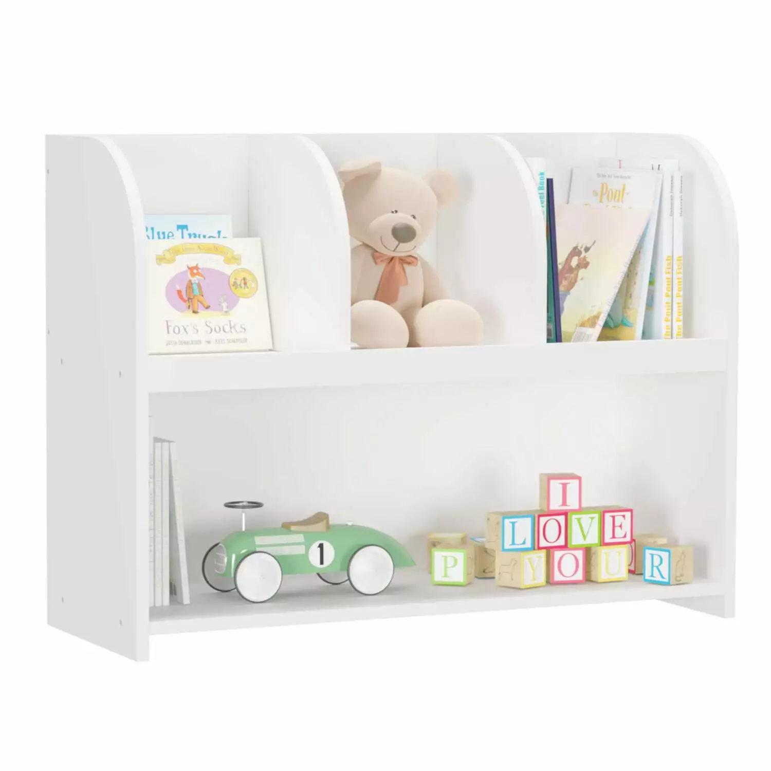 Gewnee Kids Bookcase Wooden Toy Storage Bookshelf 4 Compartments Children's Room White
