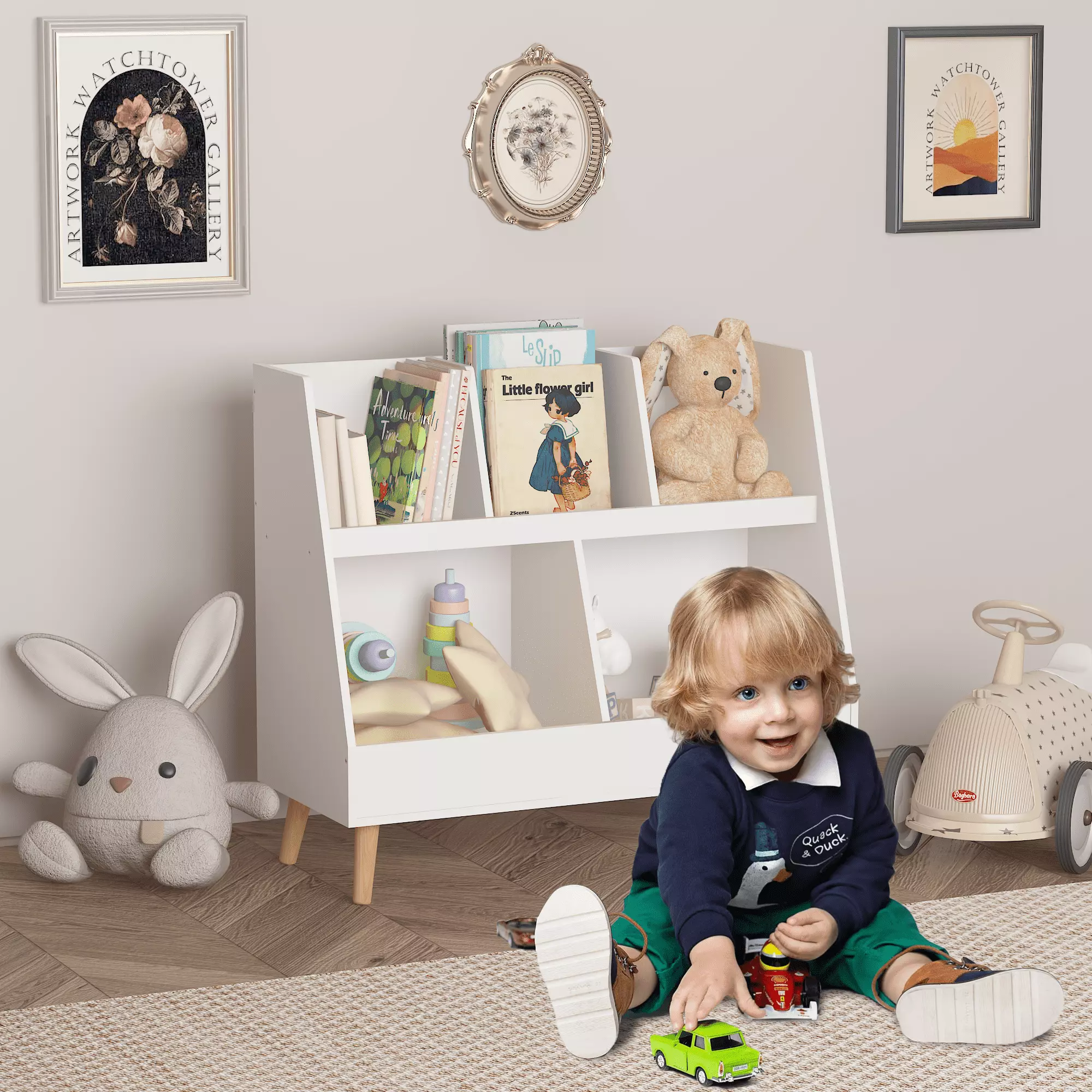 Glavbiku Kids Wood Bookshelf 5 Open Cubbies 2-Tier Baby Toy Arranger Playing Room White