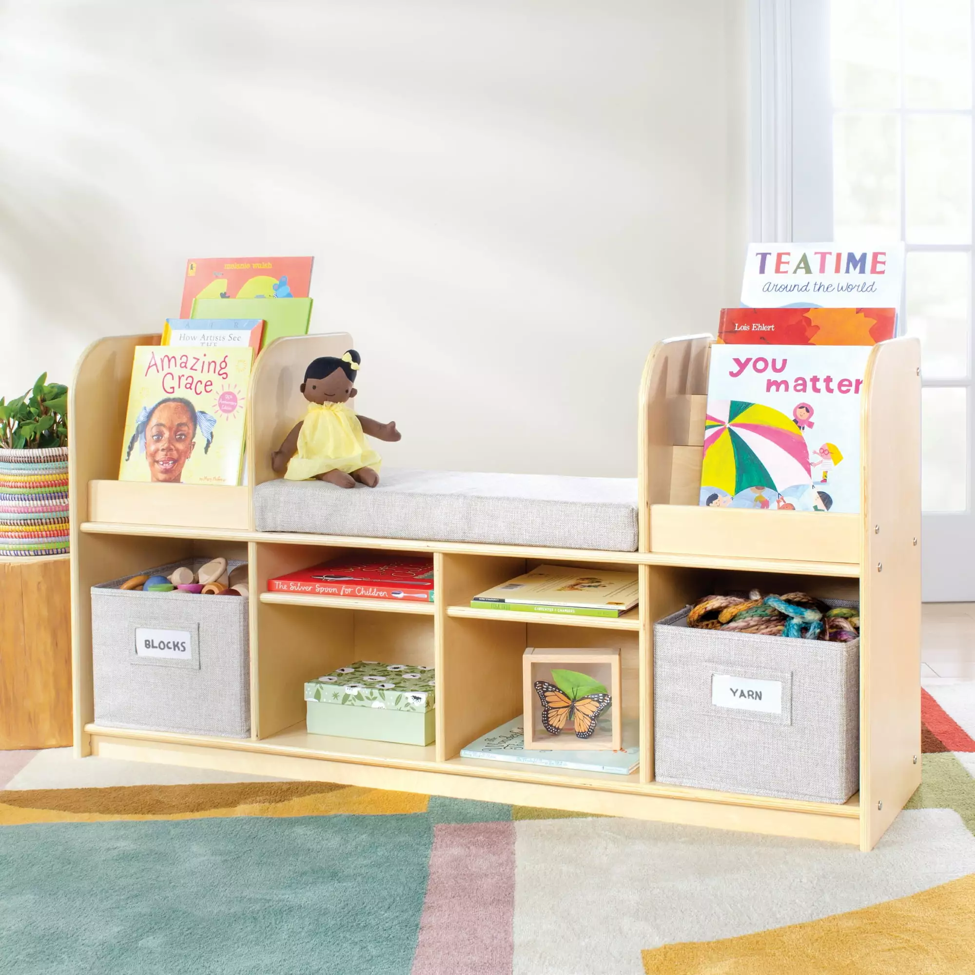 Guidecraft EdQ Reading Nook Natural Wooden Kids Bookshelf and Toy Storage