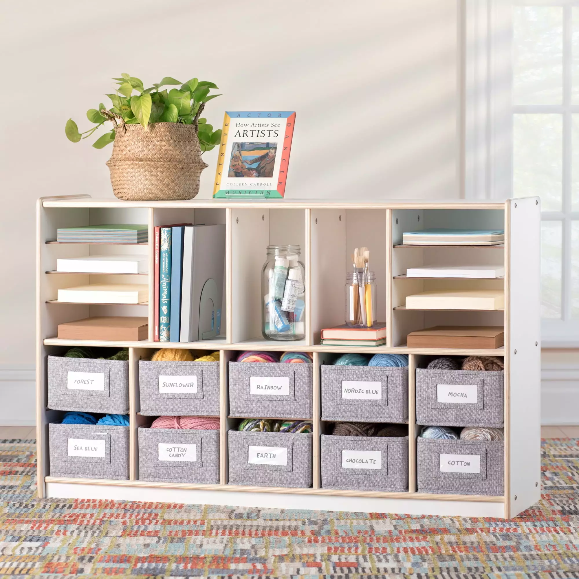 Guidecraft EdQ Shelves and 10 Bin Storage Unit 30 White Wooden Kids Classroom Bookshelf Cubbies and Organization Home