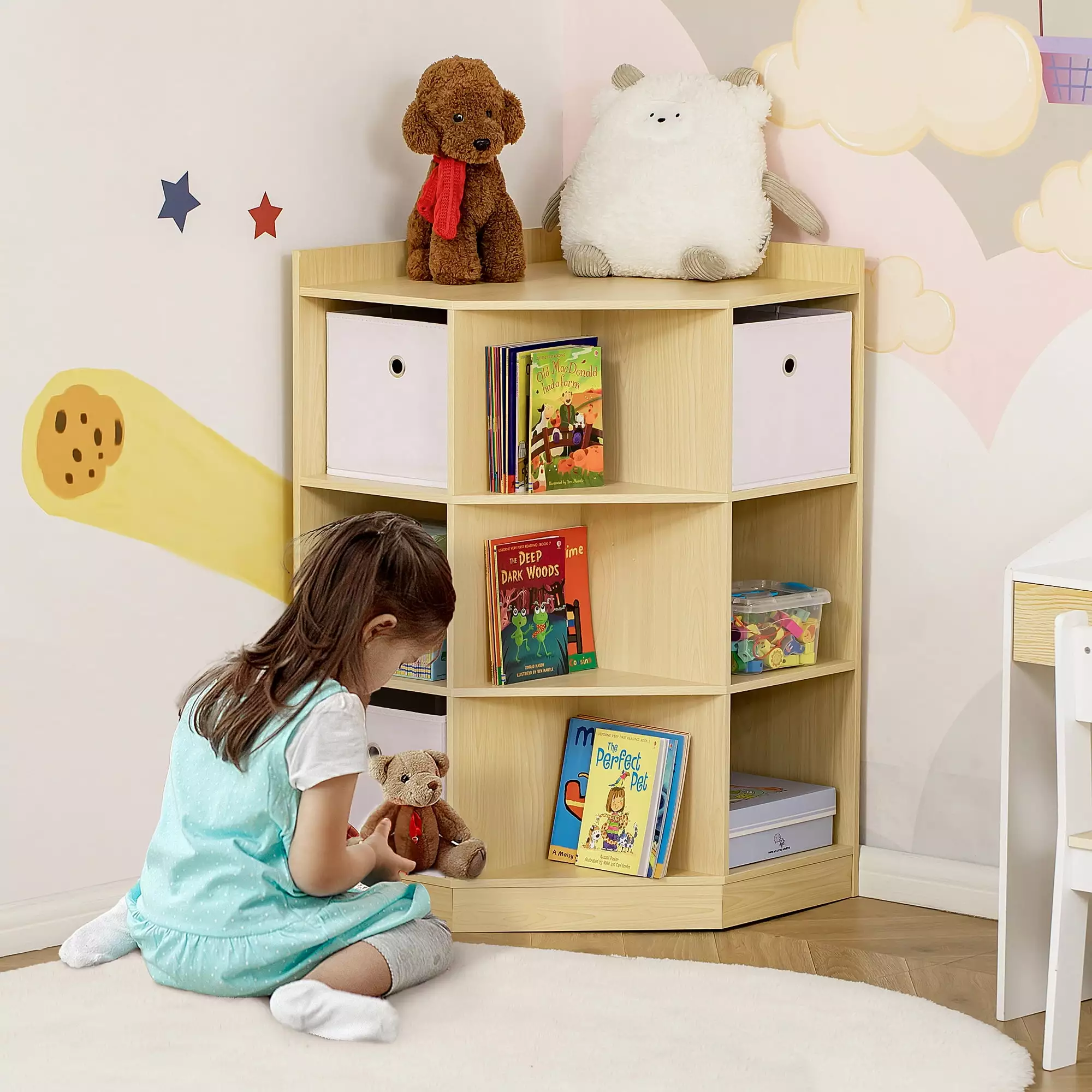 HOMCOM Kids Corner Cabinet 3 Bins - Toy Storage Bookshelf Playroom Bedroom