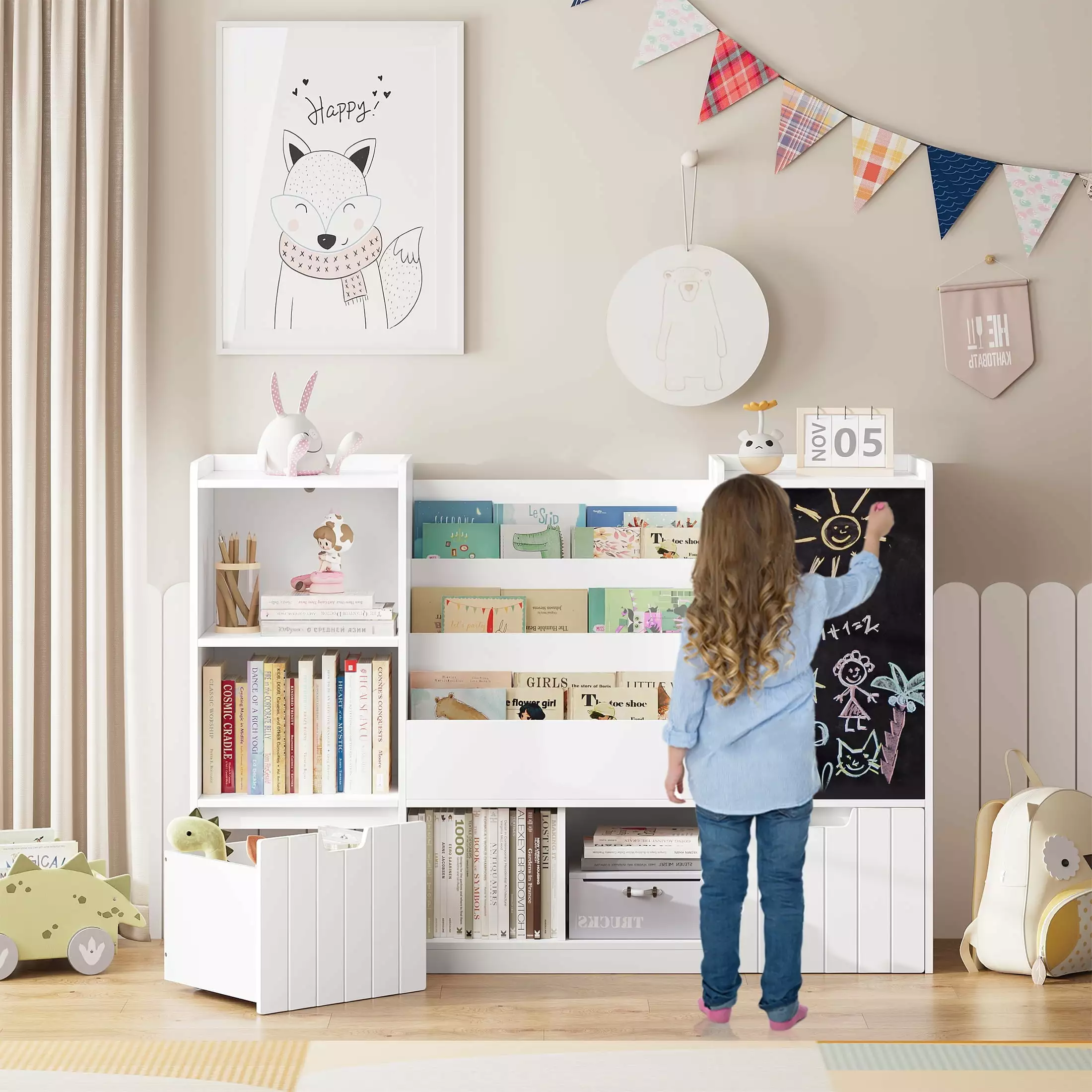Homfa Kids Bookshelf Blackboard Nursery Bookcase Cubby and Toy Bin Kids Room White
