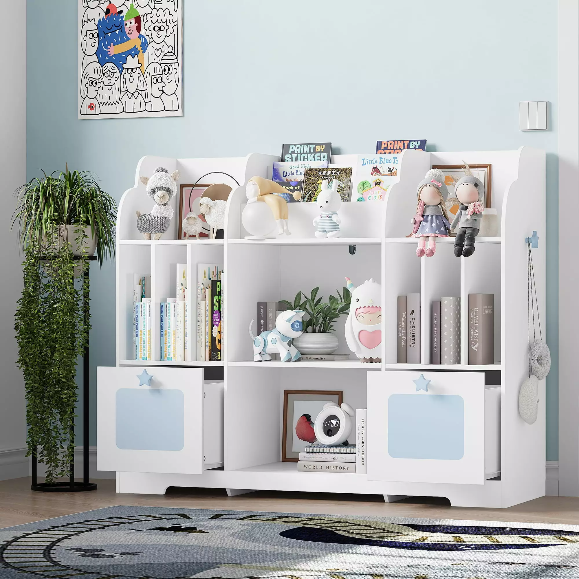 Homfa Kids Bookshelf 2 Movable Drawers 7-Cube Bookcase Hooks White Toy Storage
