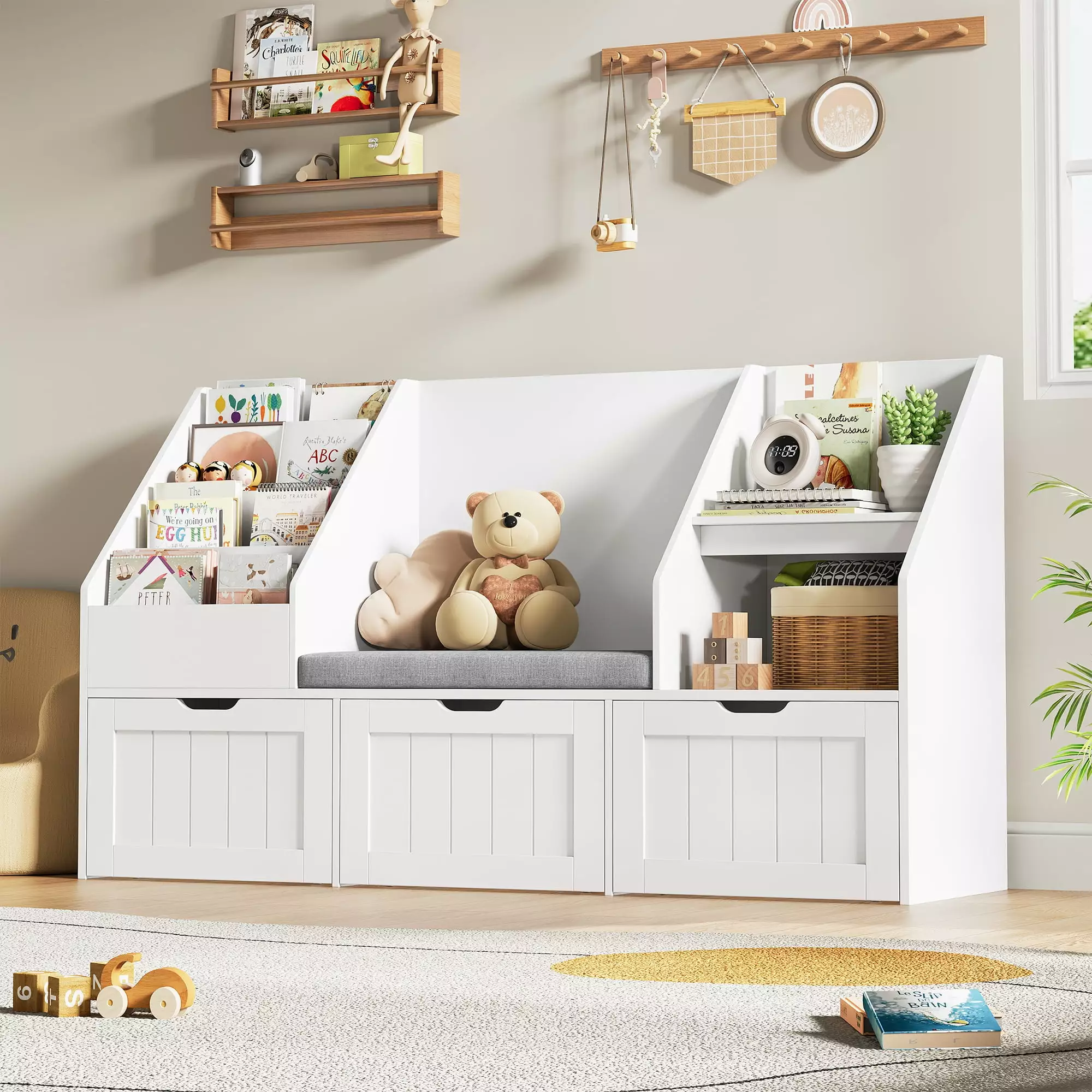Homfa Kids Bookshelf Reading Nook 3 Movable Drawers 2 Cube Bookcase 4-Tier Book Racks Toy Storage Playroom Bedroom White