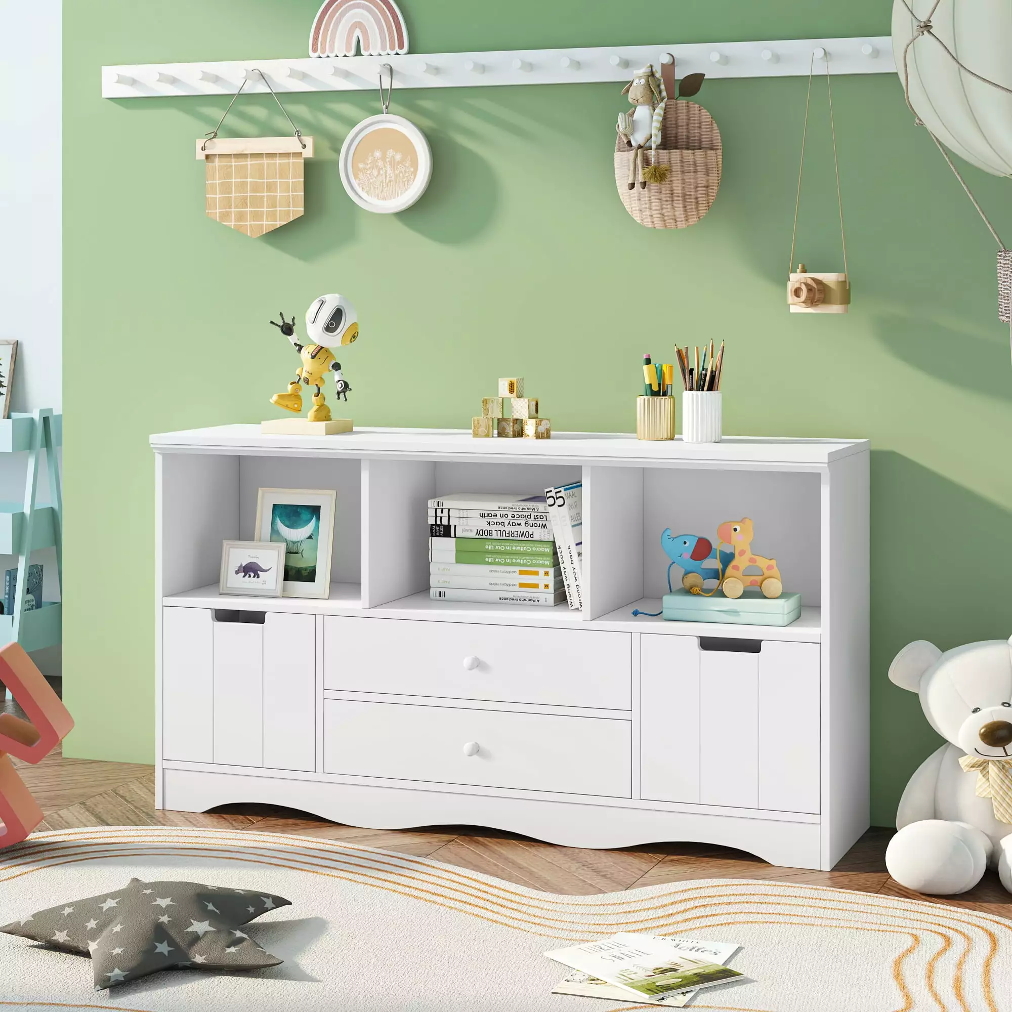 Homfa Kids Bookshelf - Toy Storage Cabinet 2 Drawers and 3 Cubbies White