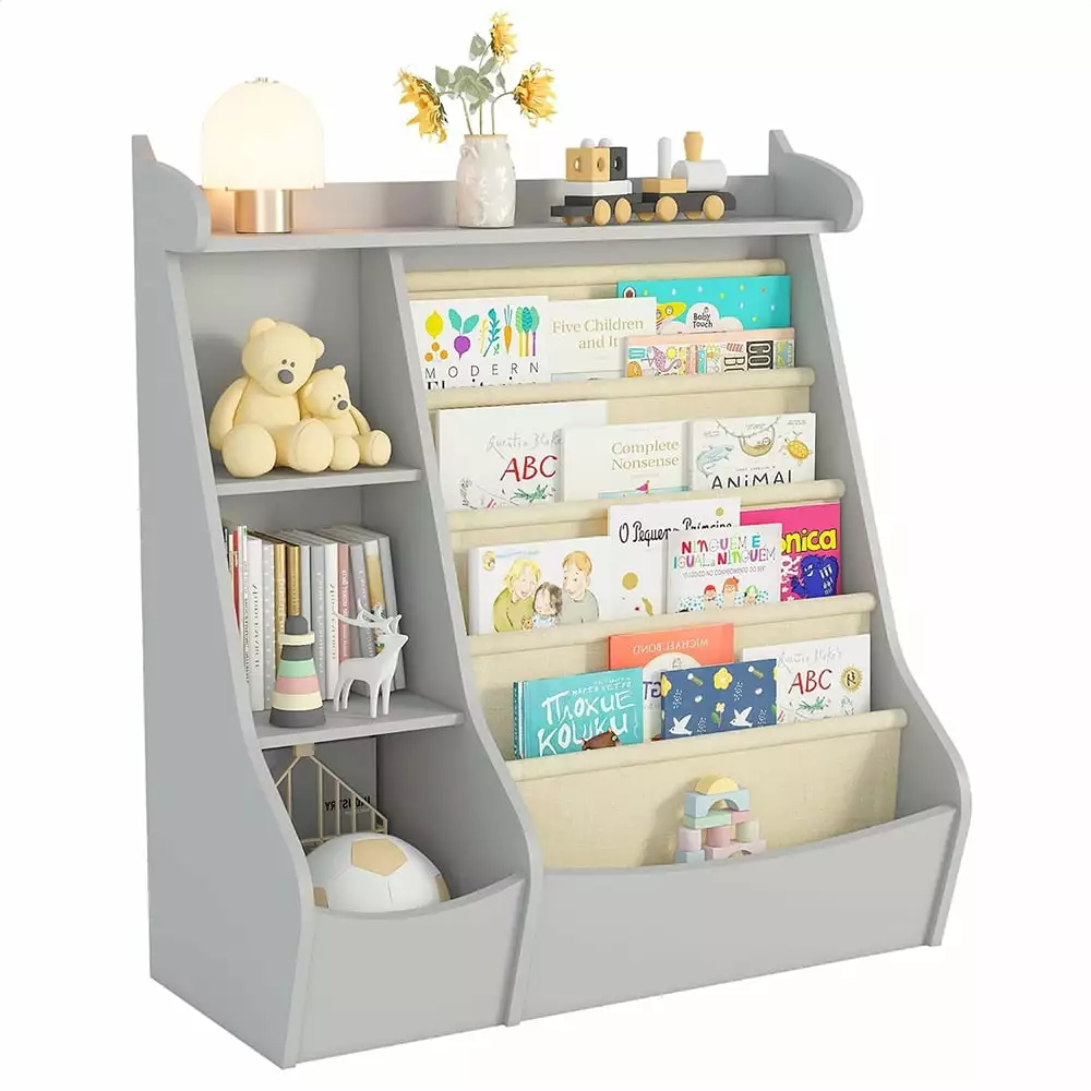 JIAOBAI Kids Bookshelf 4 Layer Sling Bookcase Toy Storage Playroom Bedroom