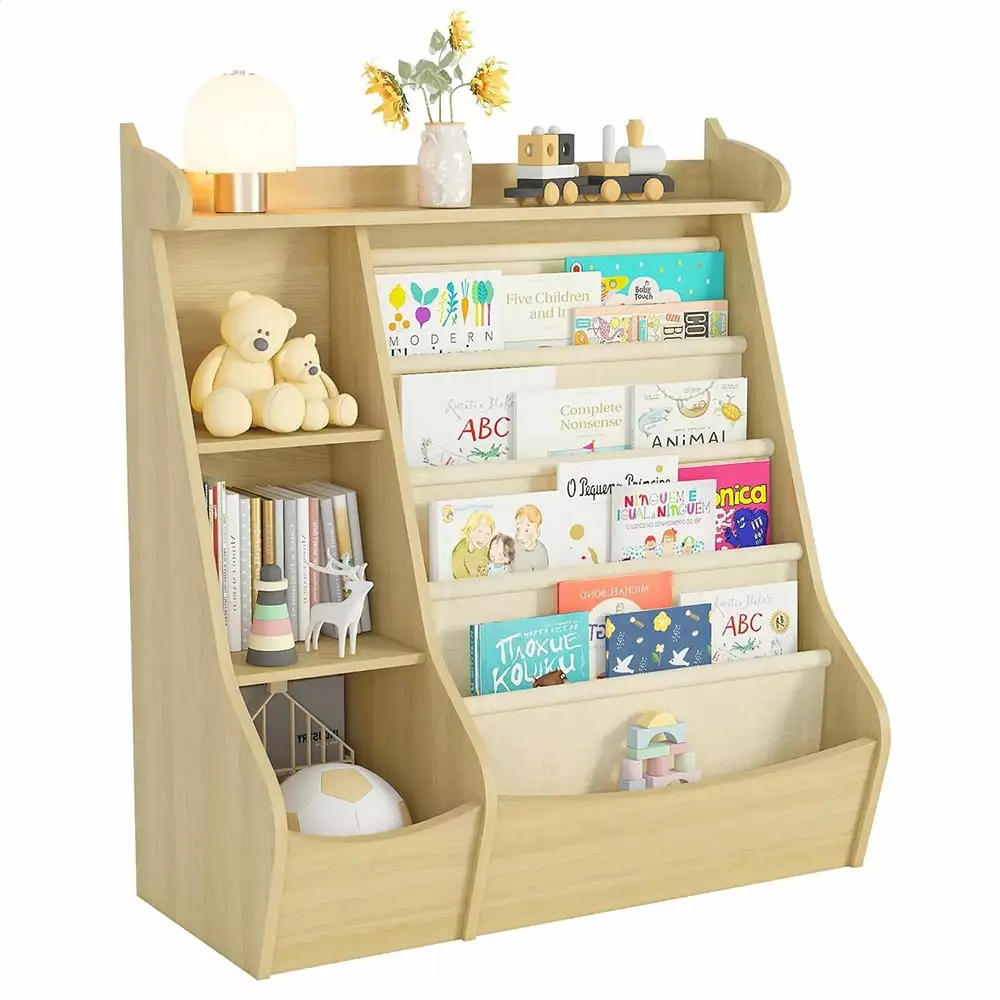 JIAOBAIKids 4 Layer Sling Bookcase - Kids Toy Storage Organizer Playroom Bedroom Living Room