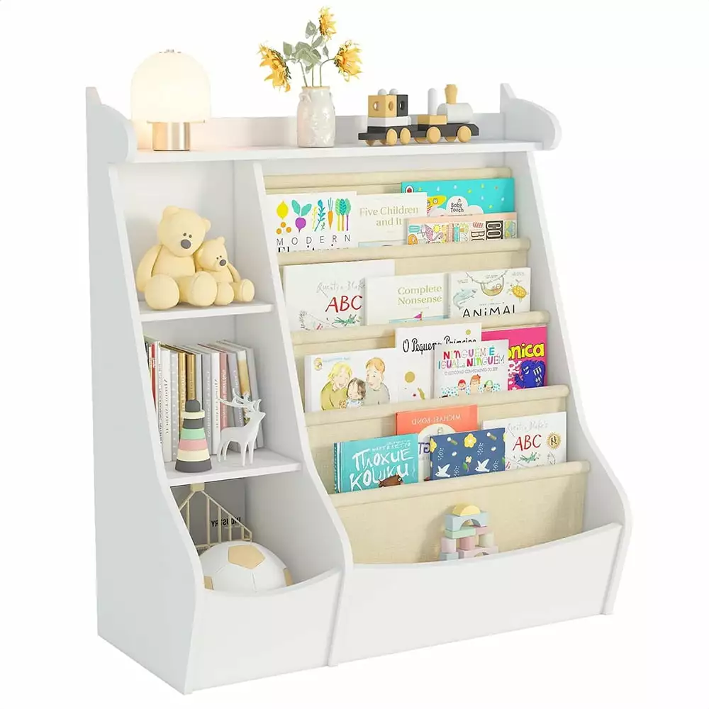 JIAOBAIKids 4 Layer Sling Bookcase - Kids Toy Storage Organizer Playroom Bedroom Living Room