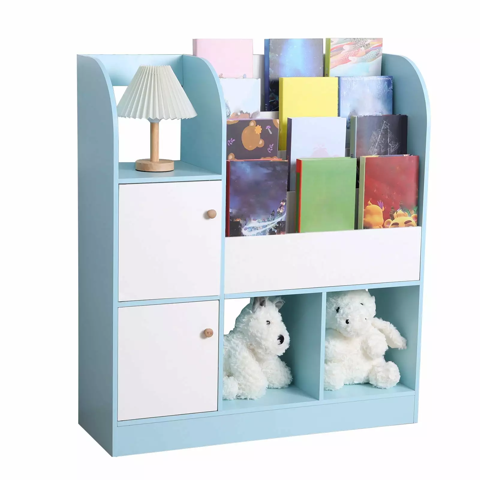 Jkung Kids Bookshelf Multifunctional Bookcase 4-Tiers Book Slots 3 Open Shelves and 2 Drawers Blue