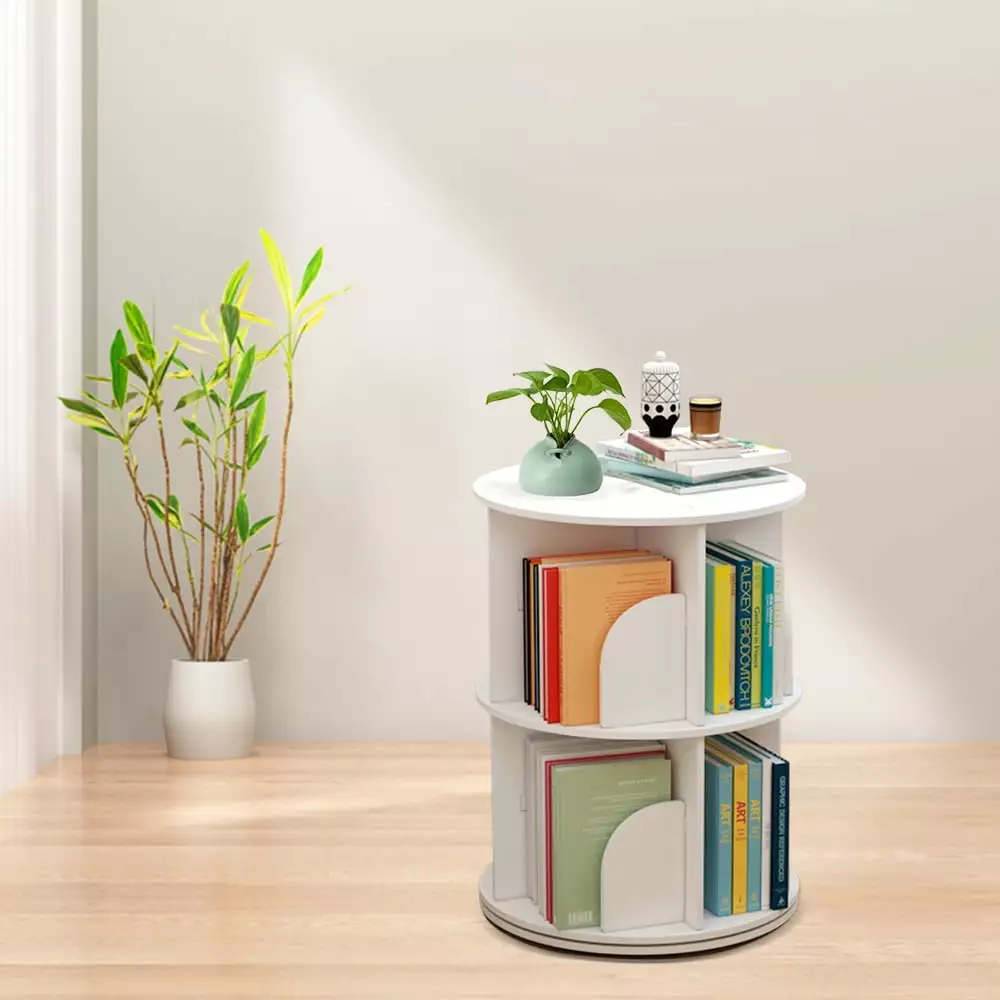 Miumaeov 2 Layer Rotating Bookshelf Floor Display Rack White PVC Wood Plastic Living Room Study Office