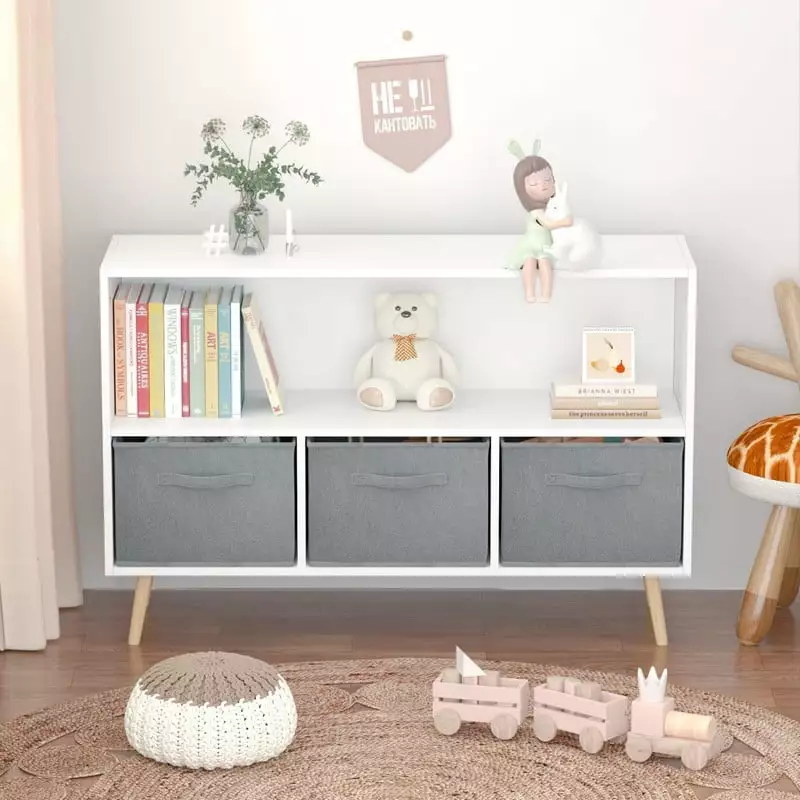 Otufan 2-Tier Kids Bookcase Collapsible Fabric Drawers - 4-Cube Toy Storage Cabinet, White+Gray