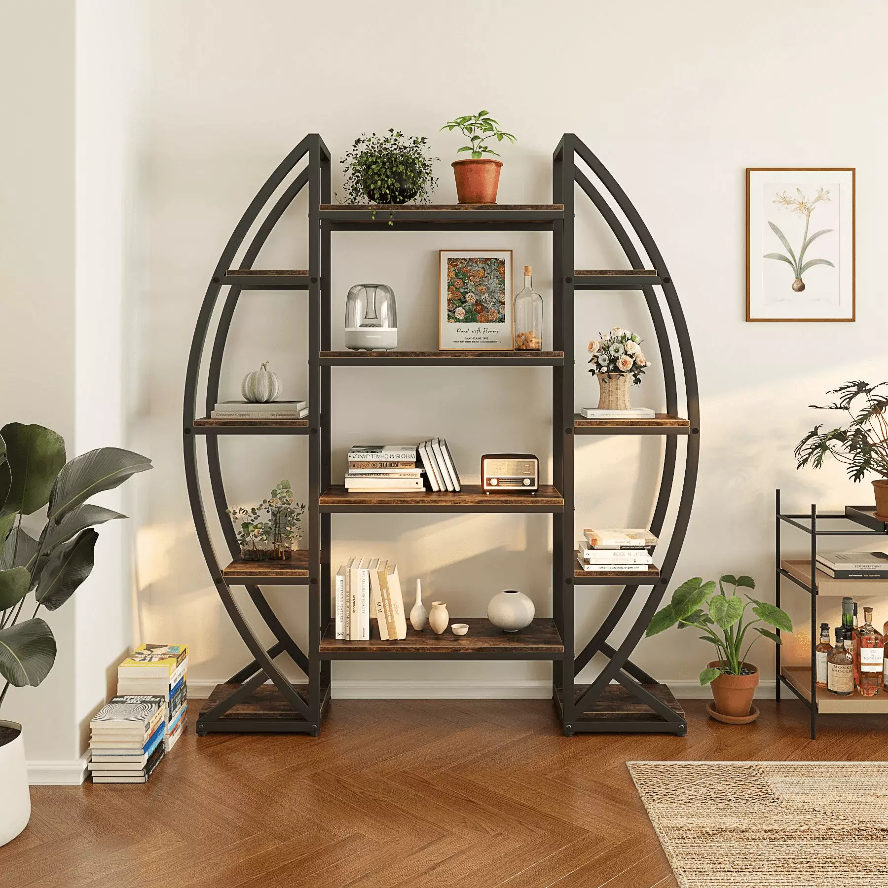 Industrial Bookshelf Oval Triple Wide Etagere Bookcases Display Shelves SANSWOOD