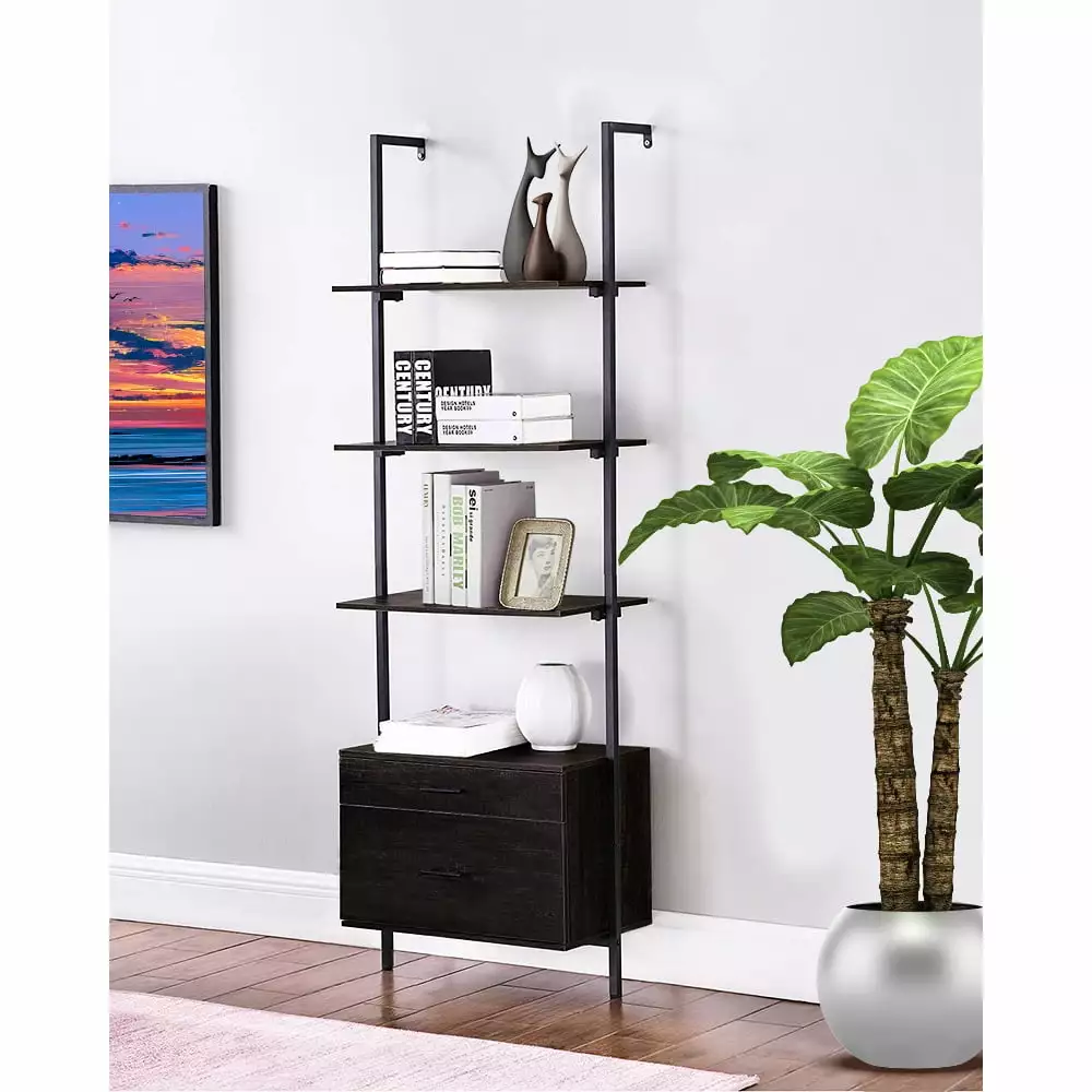 SESSLIFE Tall Bookcase Wall Mount Bookshelf 2 Storage Drawers and 3 Shelves Black Wood Metal Frame