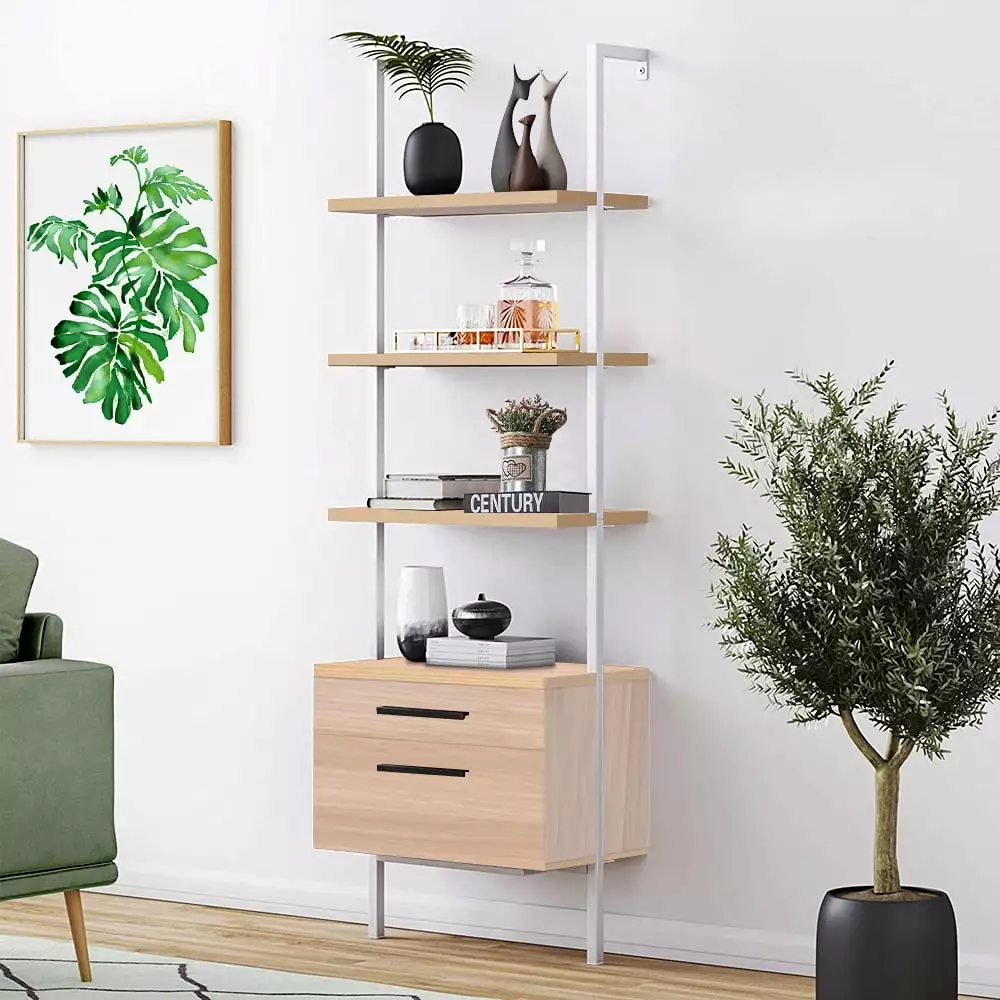 White Industrial Bookshelf 2 Storage Drawers and 3 Shelves Open Wall Mount Display Storage Rack Sesslife