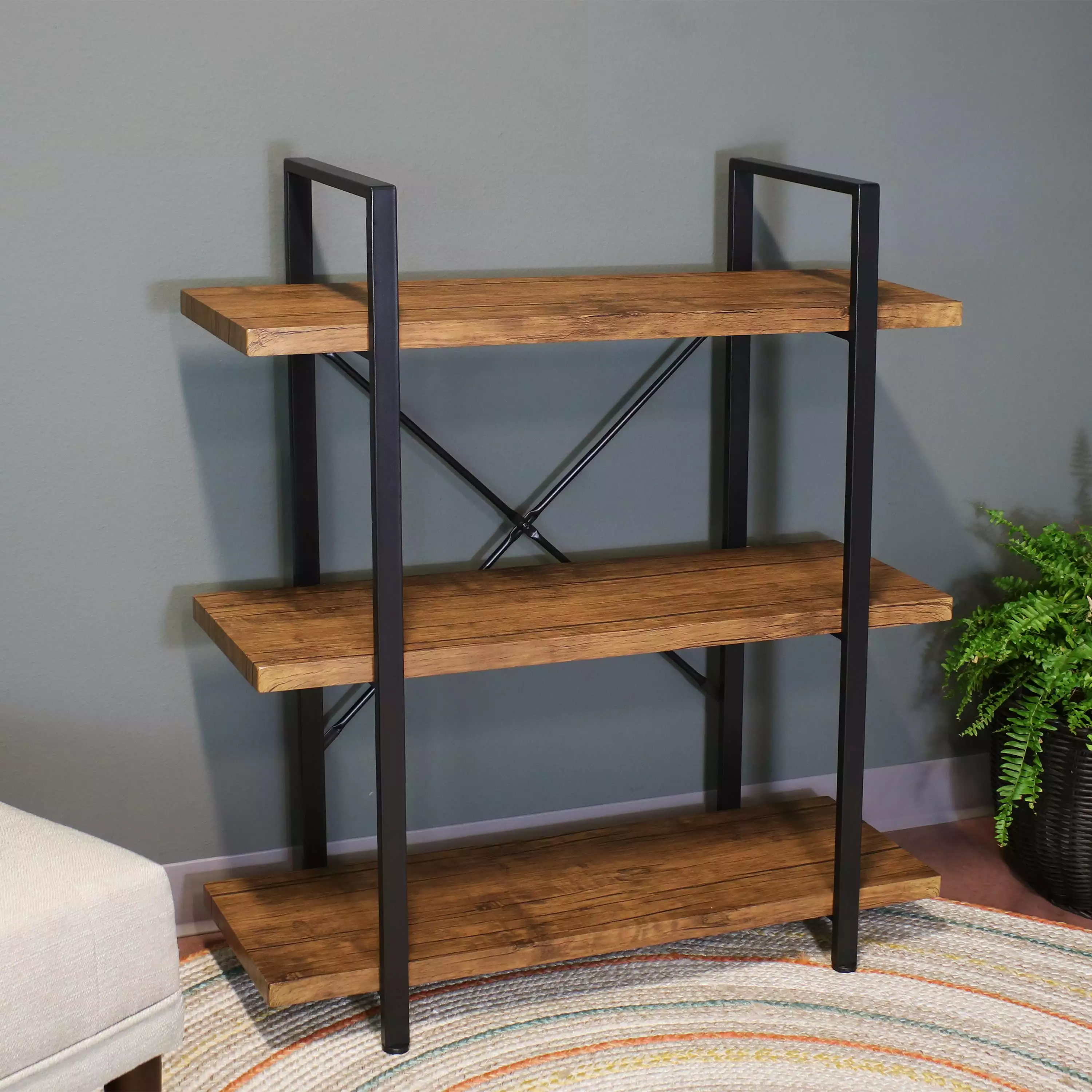 Sunnydaze 3-Tier Industrial Style Open Bookshelf - Teak Wood Storage Shelf Home Office Sunnydaze Decor