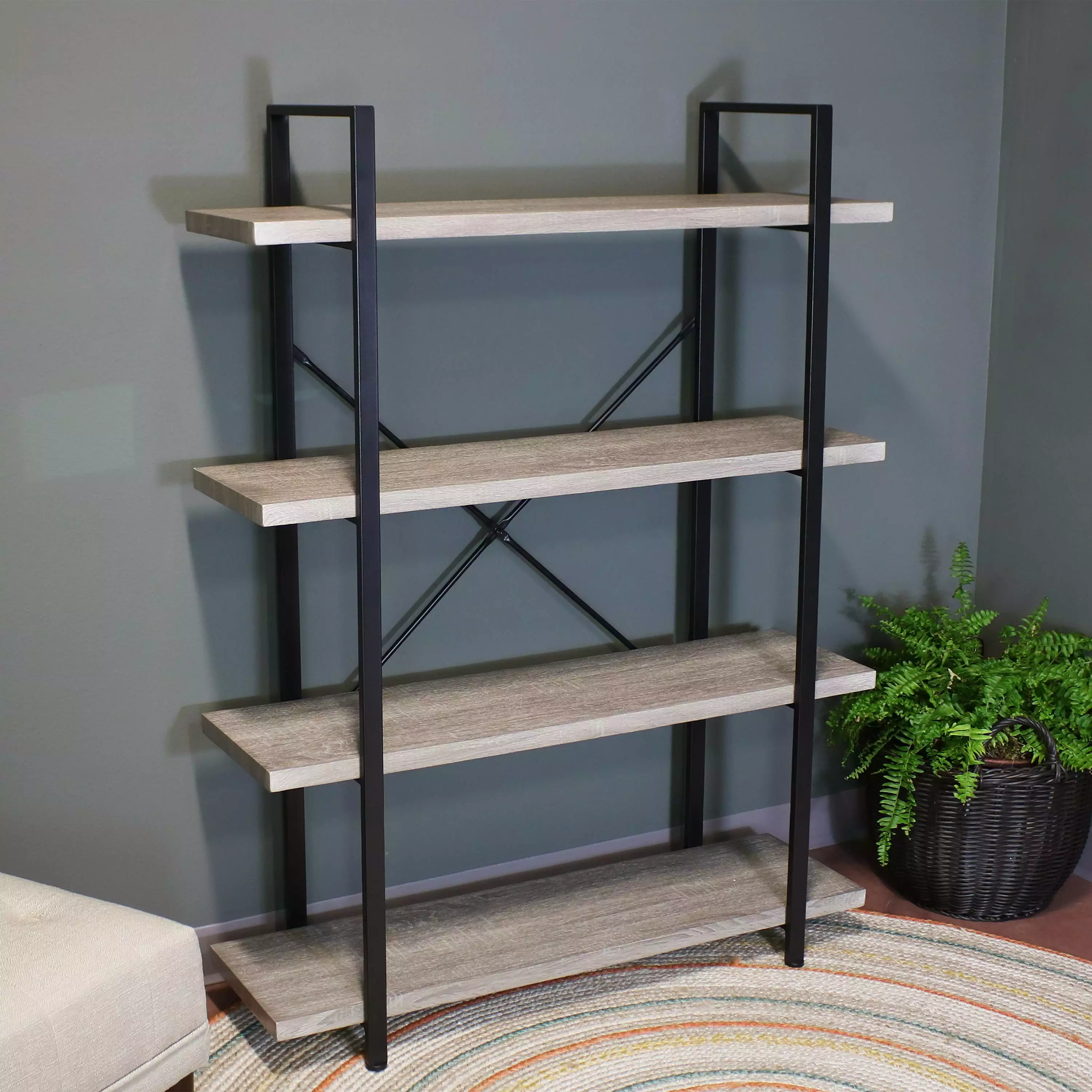 Sunnydaze 4-Tier Industrial Style Open Bookshelf Oak Gray Sunnydaze Decor