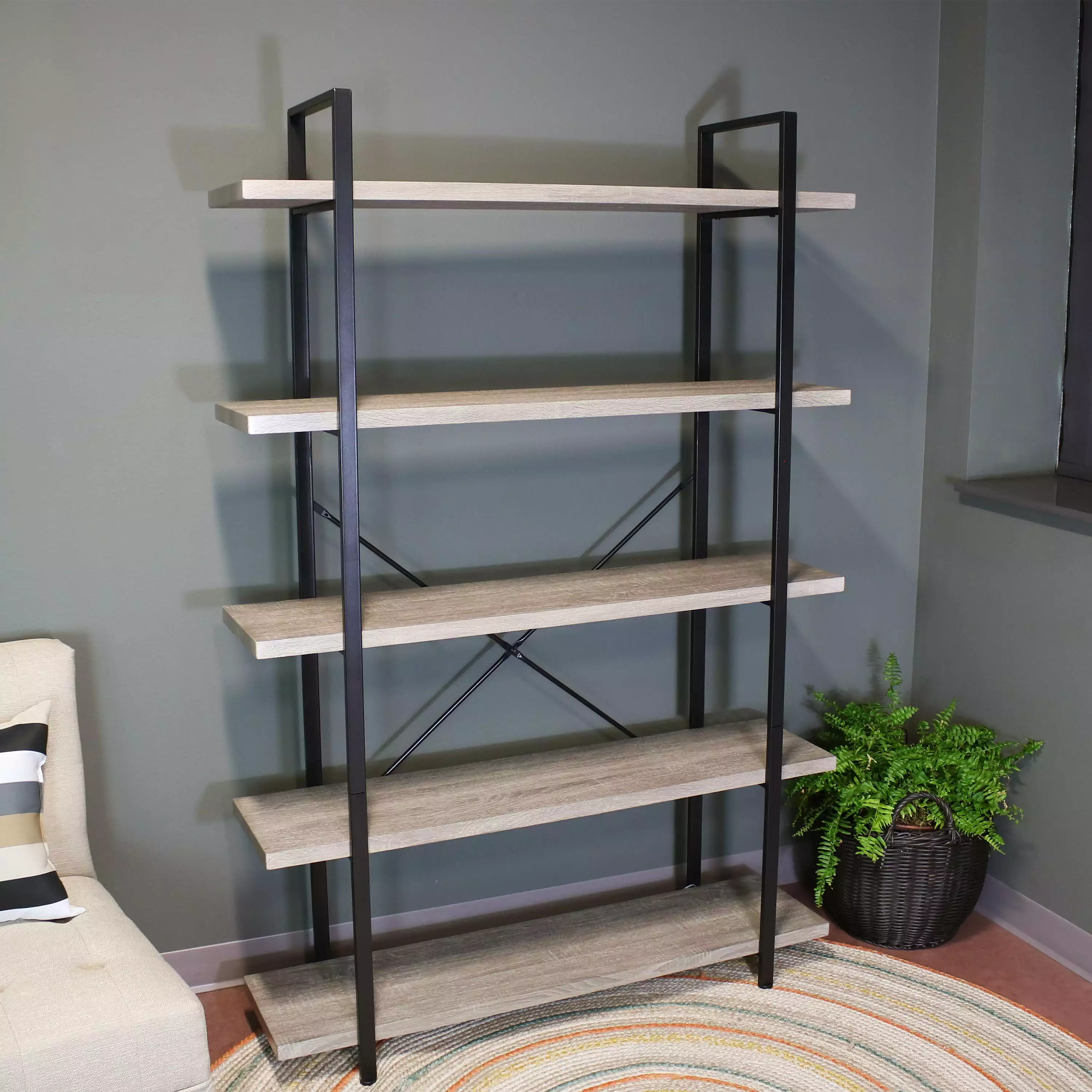 Sunnydaze 5-Tier Industrial Style Open Bookshelf Oak Gray Sunnydaze Decor
