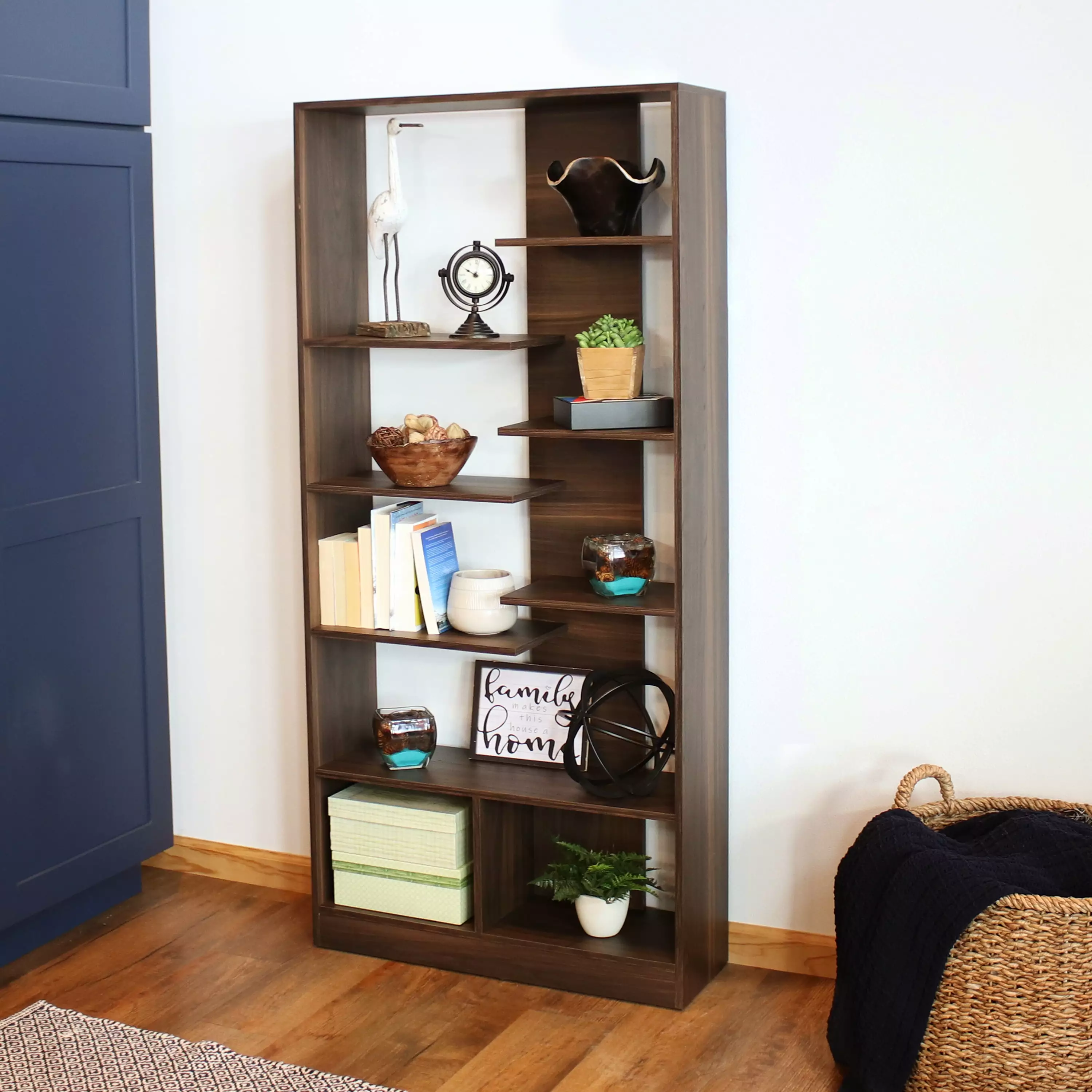 Sunnydaze Rosalee 9-Tier Open-Back Bookshelf Staggered Shelves Sunnydaze Decor