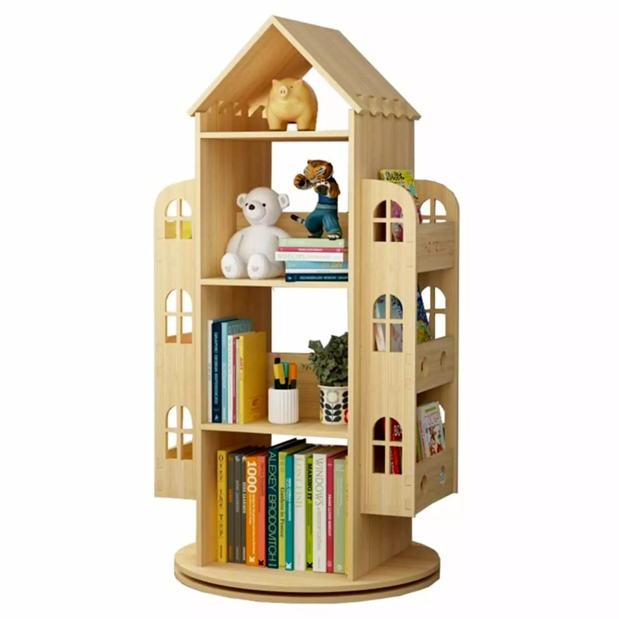 4-Tier Rotating Houtilize-Shaped Bookshelf 360 Solid Wood Stackable Shelf Home Office TOYTEXX