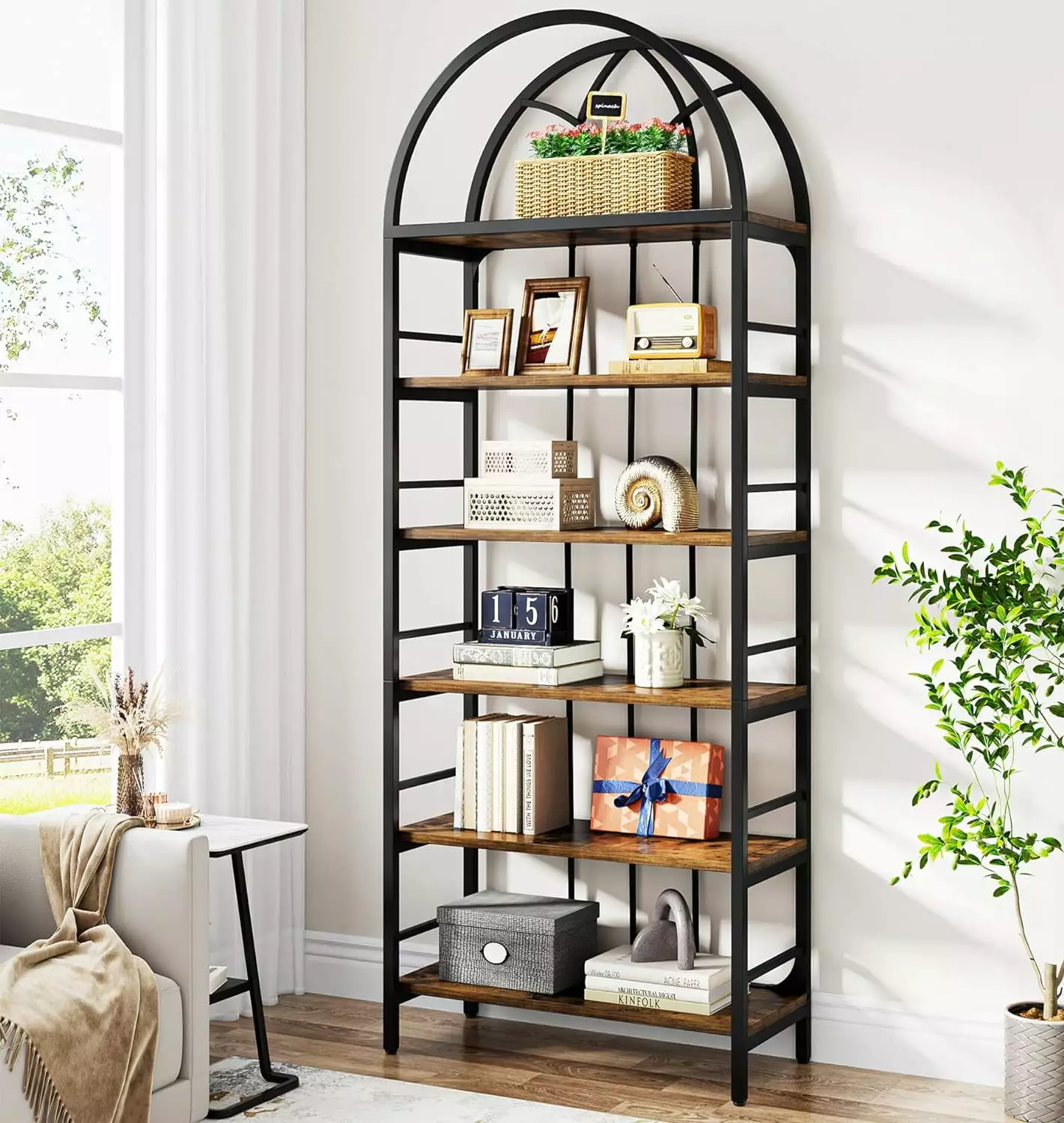 Tribesigns 78.7 Tall Arched Bookshelf 6-tier Storage Shelves Industrial Metal Bookcase