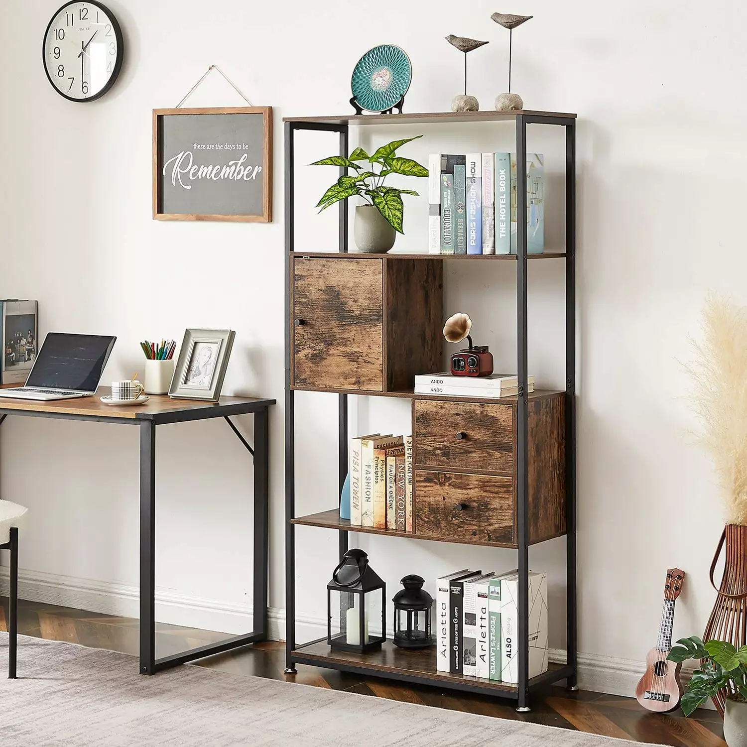 VECELO 4-Tier Bookshelf Rustic Industrial Wooden Bookcase Drawer Metal Frame Brown