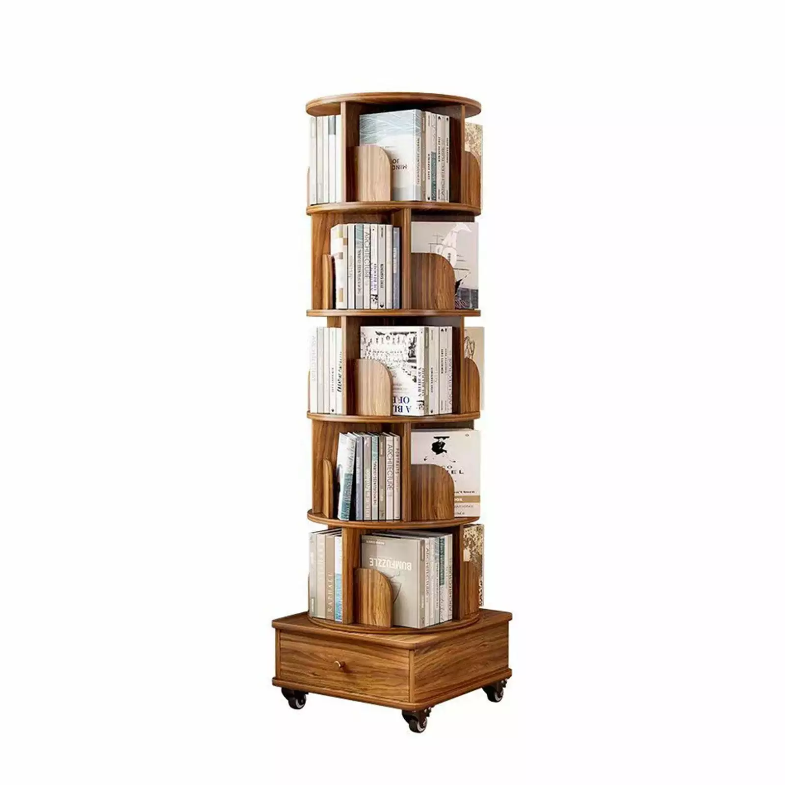 5 Tier Mobile Rotating Bookshelf 360 Rotation Standing Bookshelf Storage Shelf Mute Universal Wheel YASI