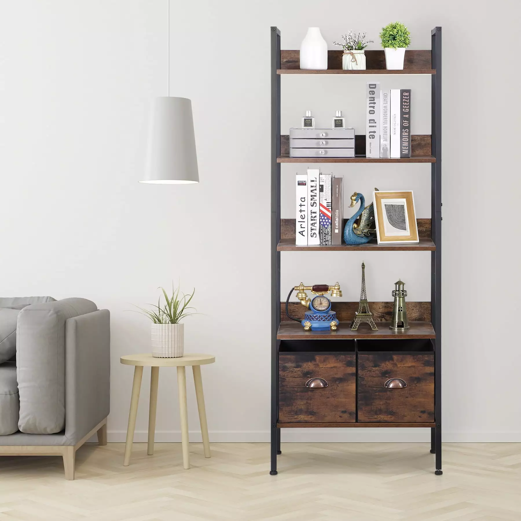 ZENY 5-Tier Bookshelf 2 Removable Drawers MDF Frame Multi-functional Storage Shelf