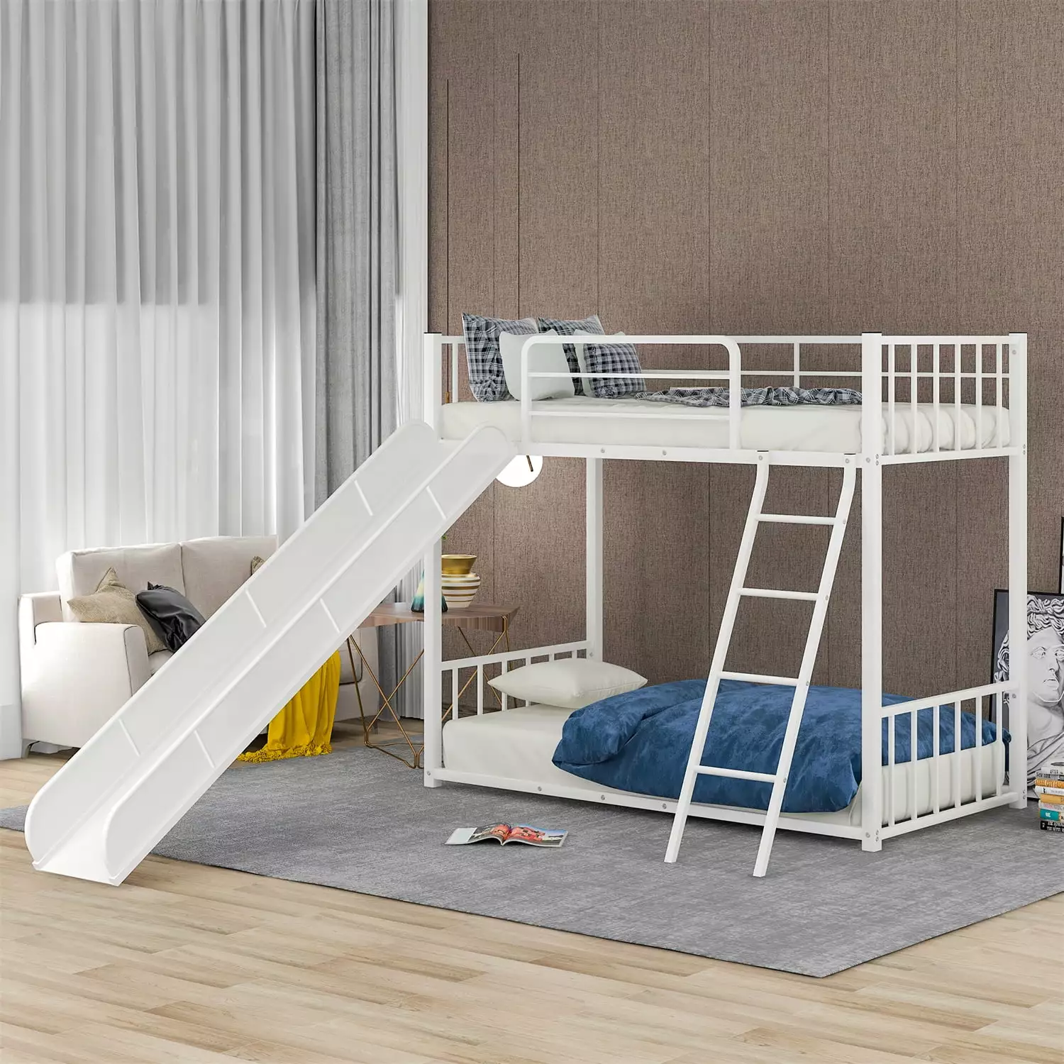 Metal Bunk Bed Slide Twin Over Twin Bunk Slide Bed Full-Length Guardrail and Ladders White ARCTICSCORPION