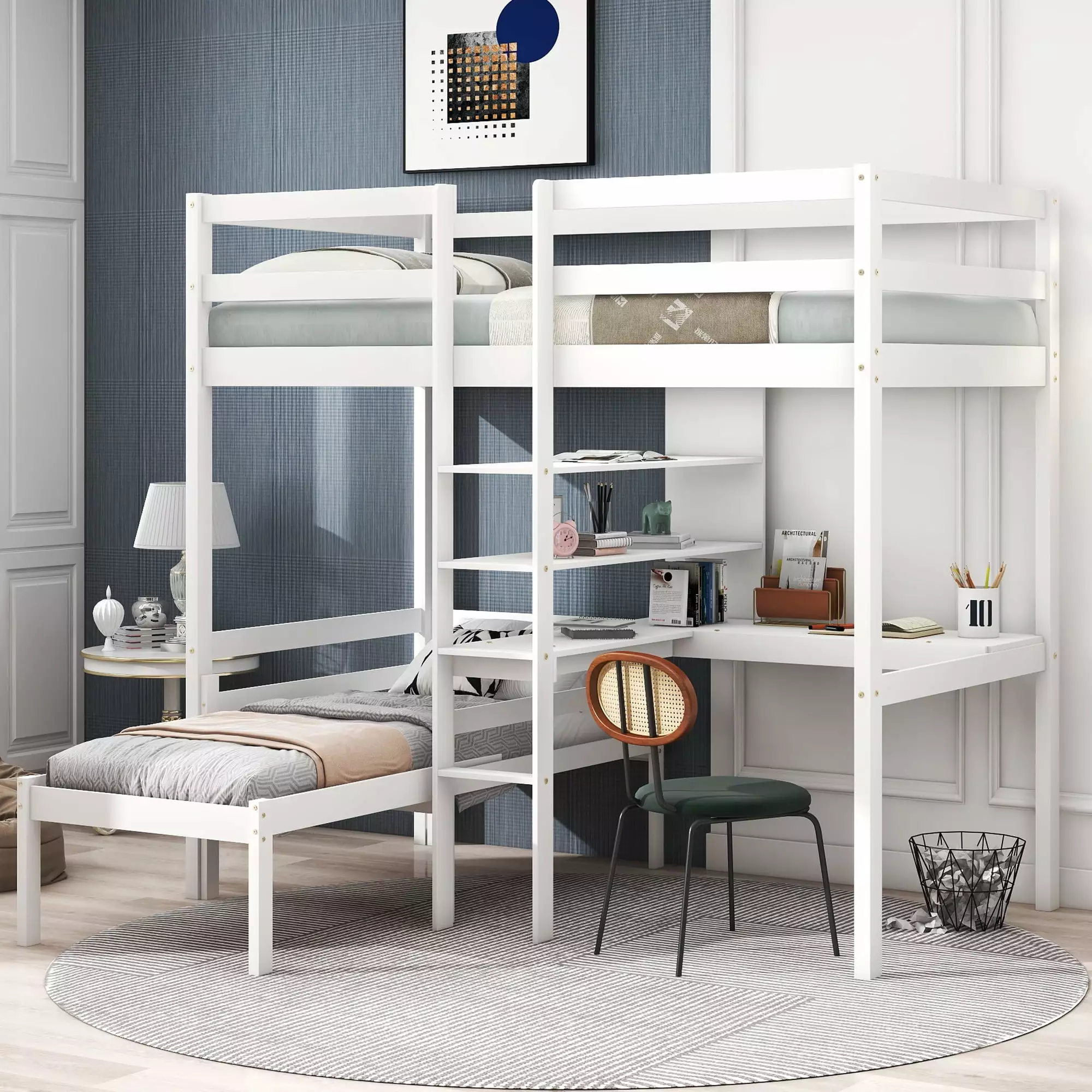 Euroco Twin Size Wood Bunk Bed Shelves and Desk Kids Bedroom White