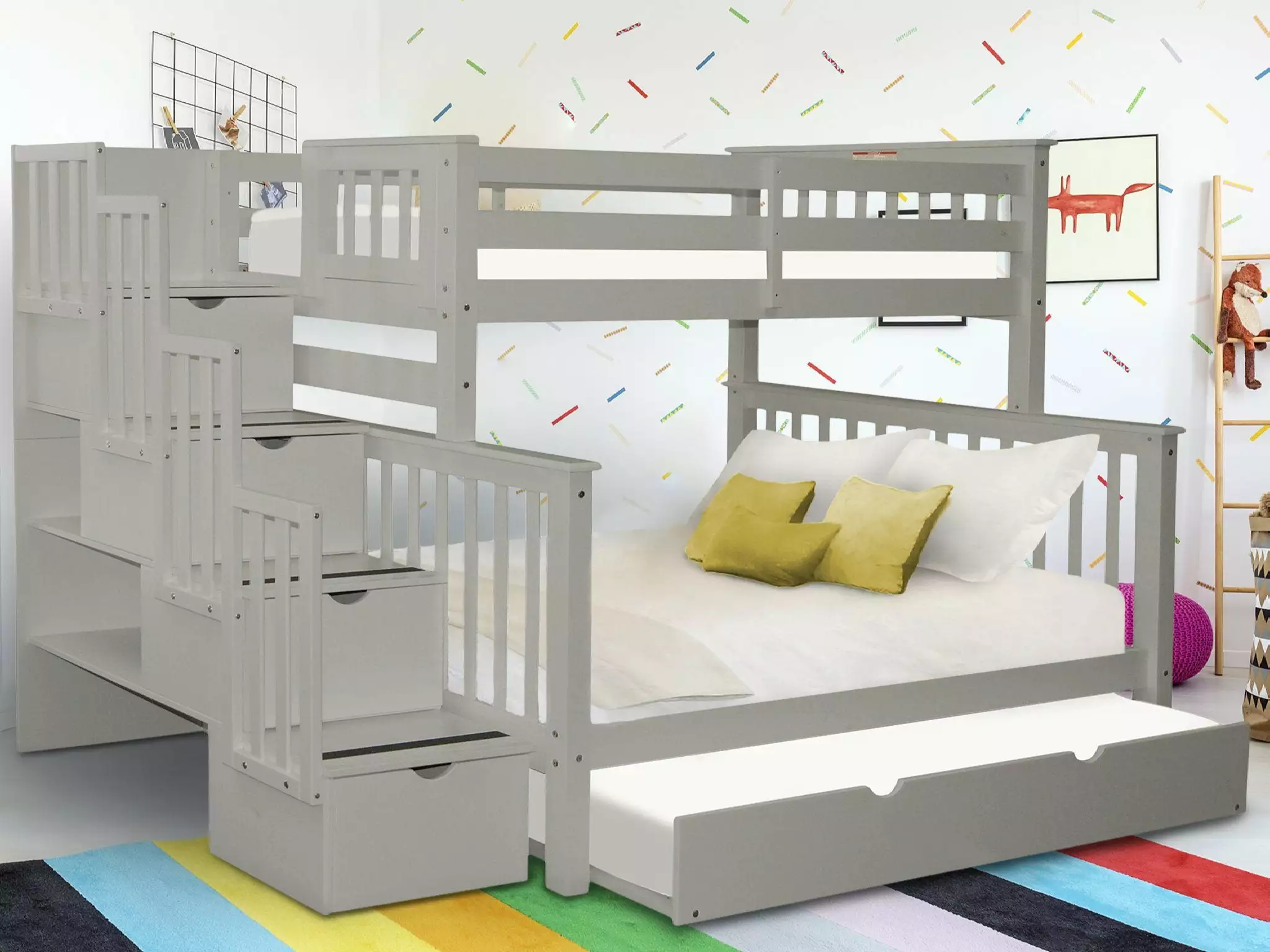 Bedz King Twin Over Full Bunk Bed 4 Drawers Steps and Twin Trundle
