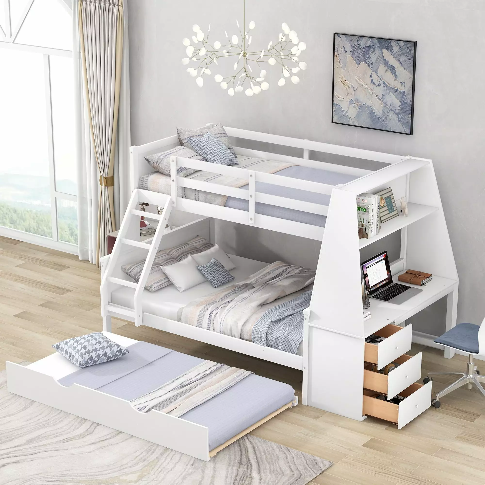 Twin over Full Bunk Bed Trundle Built- Desk Three Storage Drawers and Shelf White 16AAK Miekor