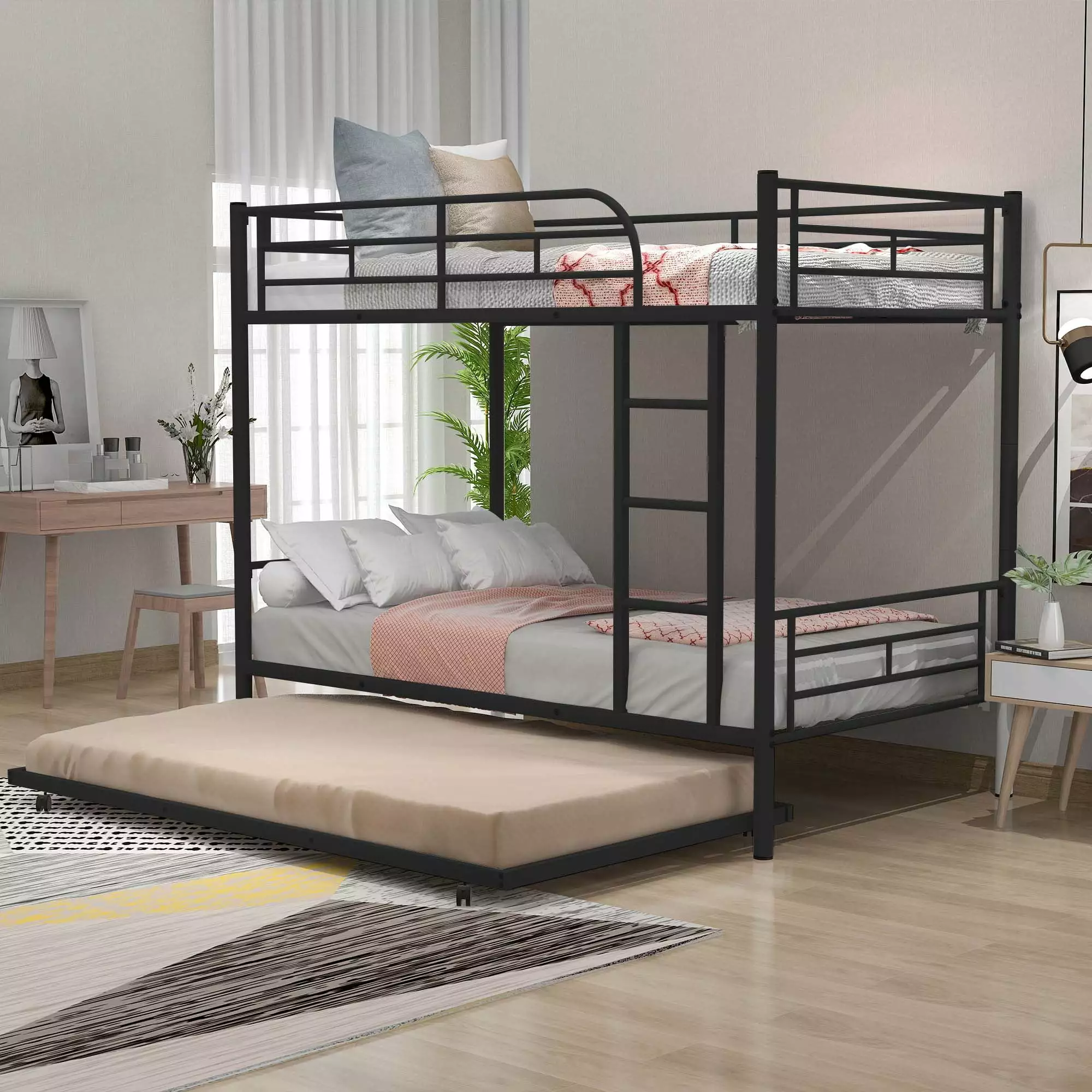 Aukfa Metal Twin-Over-Twin Bunk Bed Trundle Convertible into Two Beds Kids Teens Black