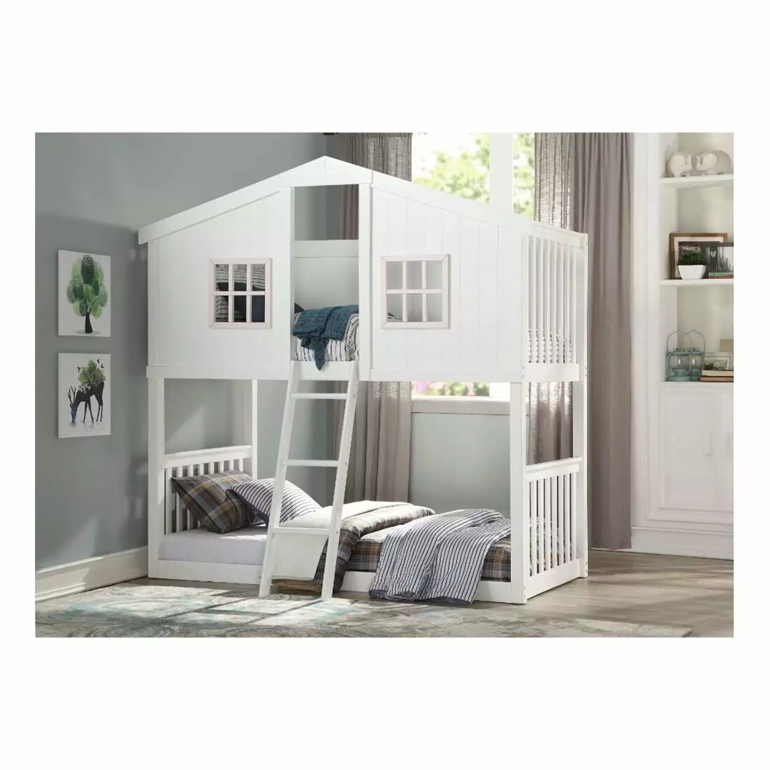 ACME Rohan Cottage Twin over Twin Bunk Bed White and Pink Kids Bedroom Acme Furniture
