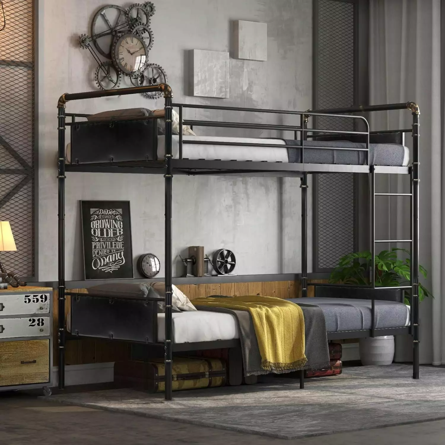 Alohappy Twin over Twin Bunk Bed Convertible to 2 Individual Beds Removable Ladder and Guard Rail Black