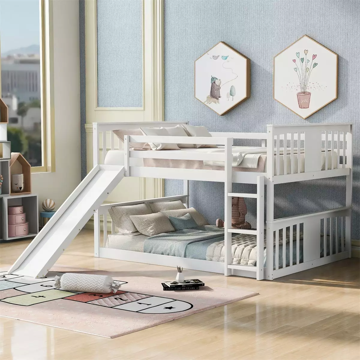 ARCTICSCORPION Full Over Full Bunk Bed Convertible Slide and Ladder Wooden Low Bunk Bed White