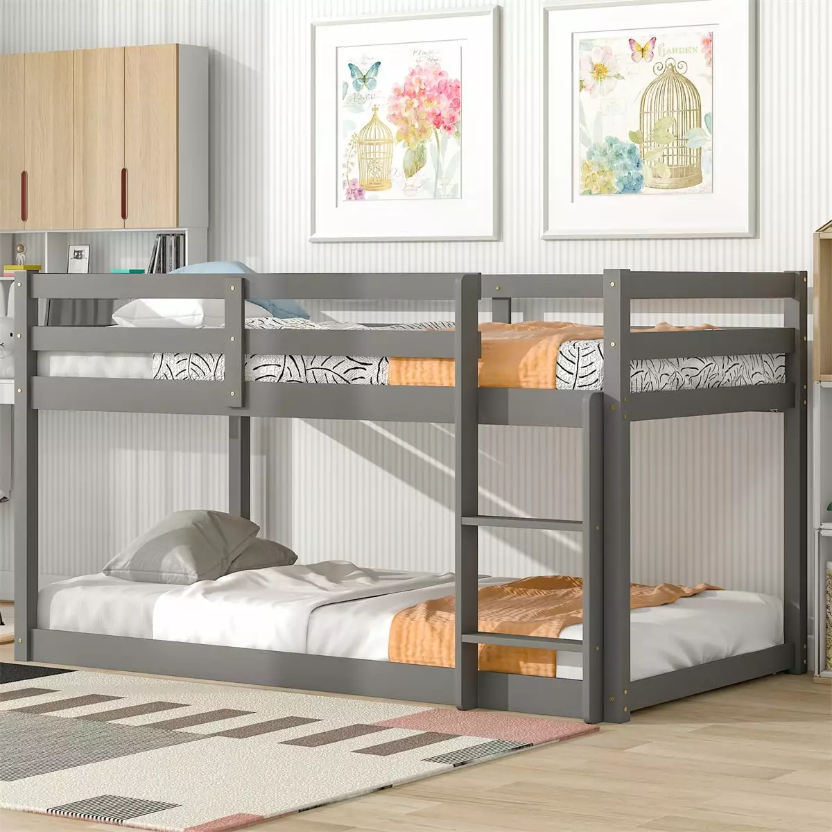 ARCTICSCORPION Twin Over Twin Low Bunk Bed Built- Ladder - Solid Wood Frame Kids Teens