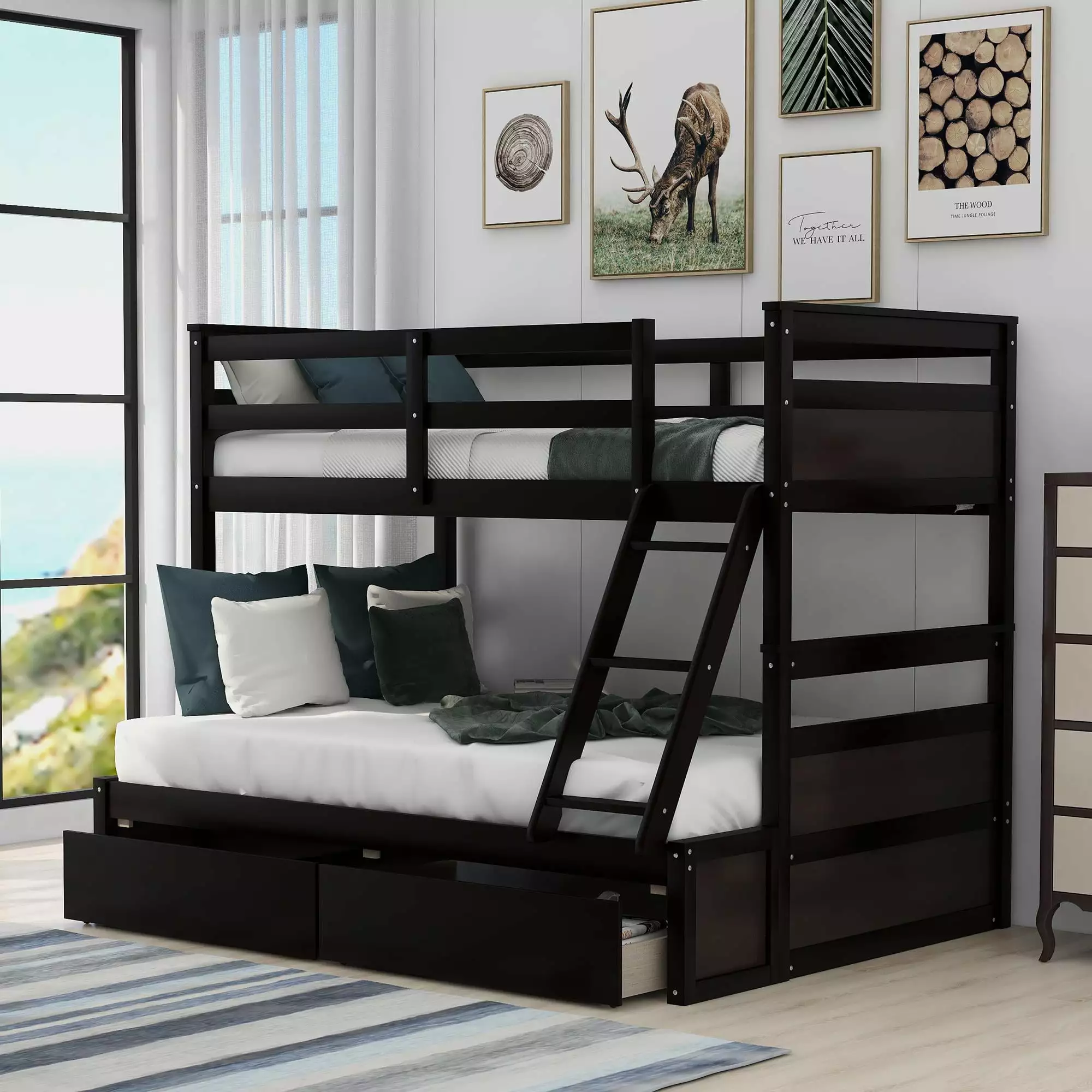 Detachable Bunk Bed Twin Over Full Kids Storage Drawers Luxury Pine Wood Bunk Bed Frame Ladder Guardrails No Box Spring Ne...