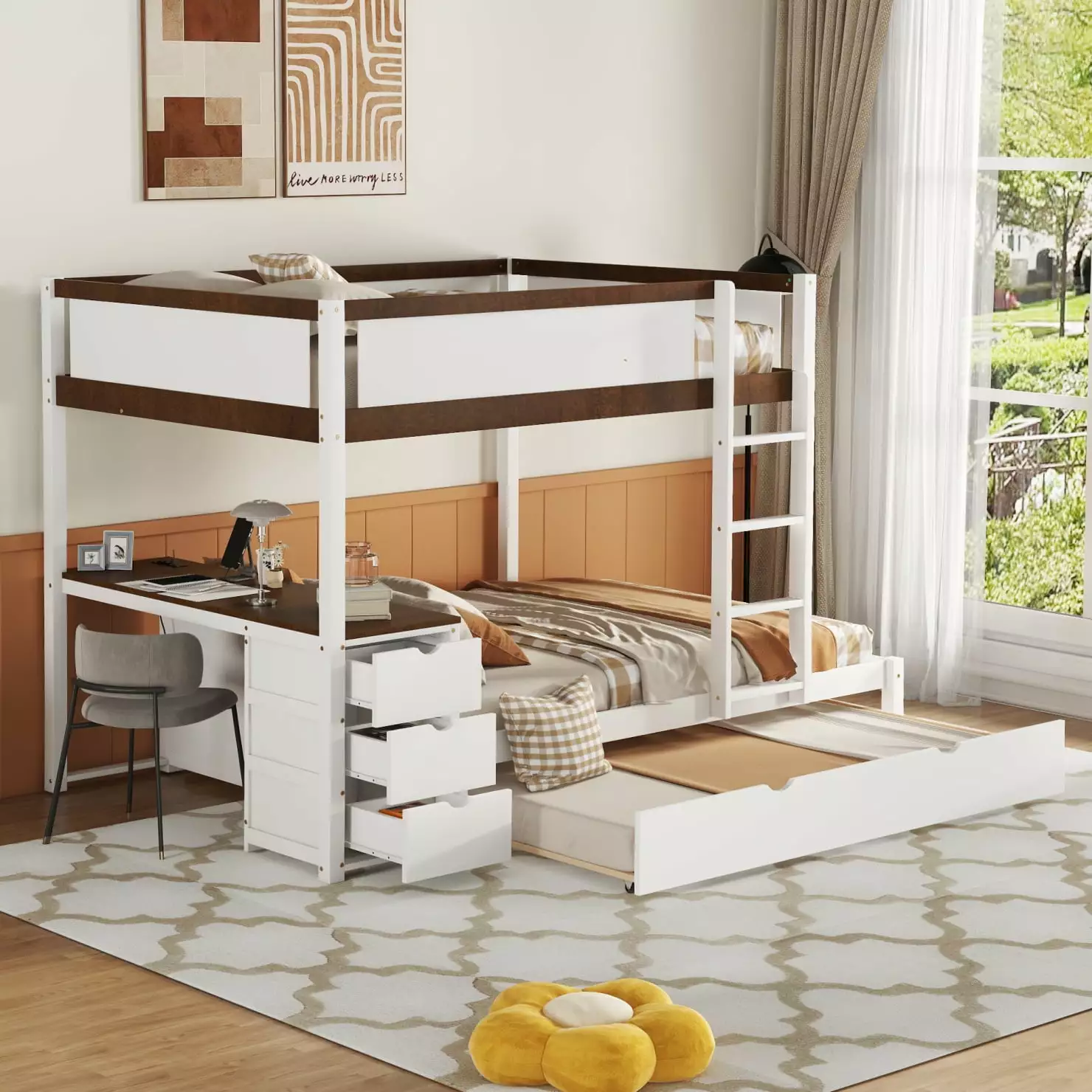 Full Over Full Bunk Bed Stairs and Trundle Storage Drawers White and Walnut ARCTICSCORPION